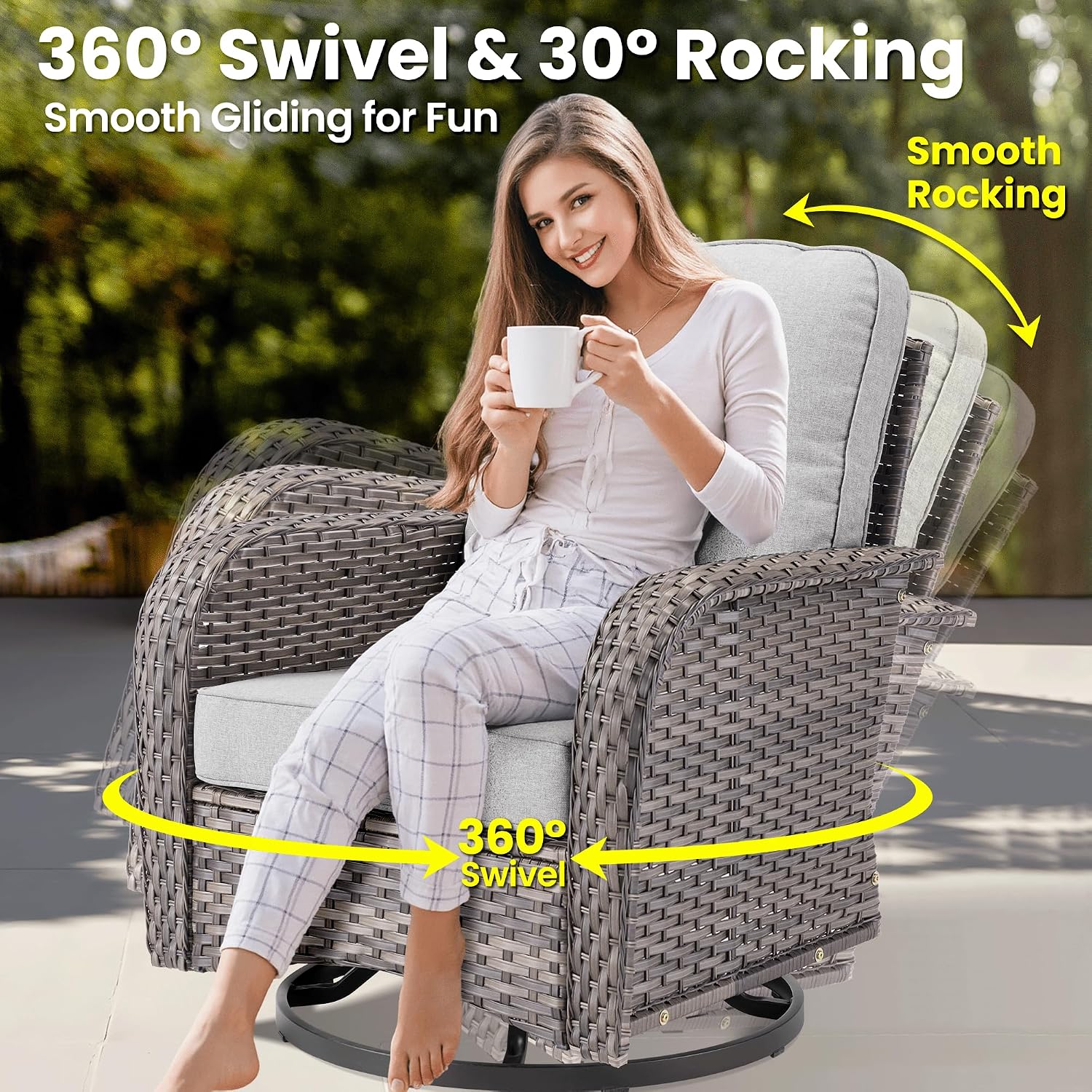 ovios 9 Pieces Patio Furniture Set, Outdoor Wicker Sofa Couch with Rocking Swivel Chairs Fire Pit Table, Modern Deep Seat Rattan Conversation Sets for Deck Porch, Grey