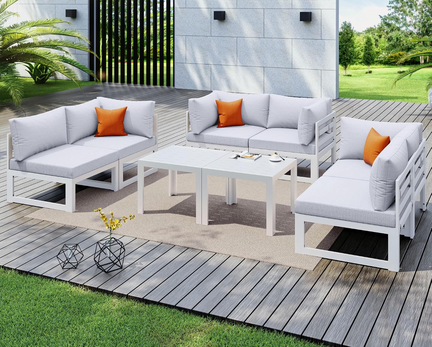 NICESOUL 8 Piece Large Luxury Aluminum Patio Conversation Set, 29' Deep Wide Comfortable Sitting, L Shaped Modular Sectional Couch, 500 lbs Heavy Duty All Weather Outdoor Sofa for Backyard, Light Gray