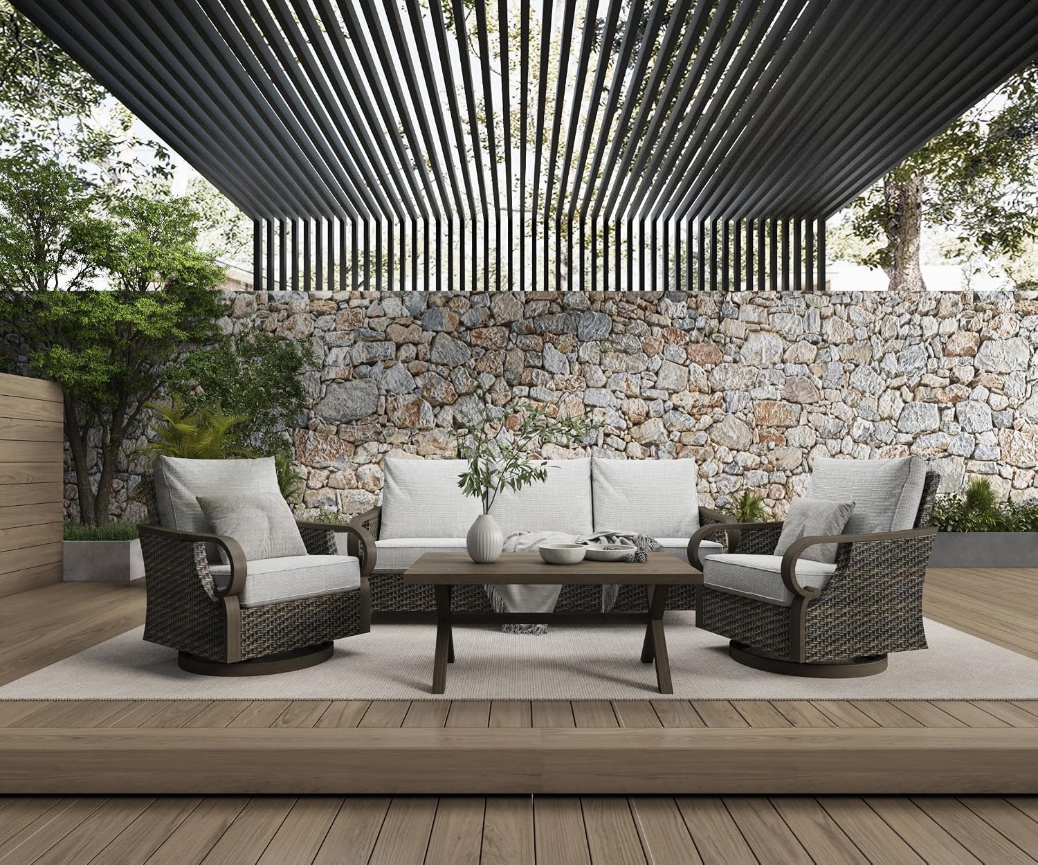 Grand Patio 4-Piece Outdoor Patio Furniture Set - Rocking Conversation Swivel Chairs, Coffee Table - Wicker Furniture with Woodgrain Finish Frame, Ponce Harbor Dark Brown
