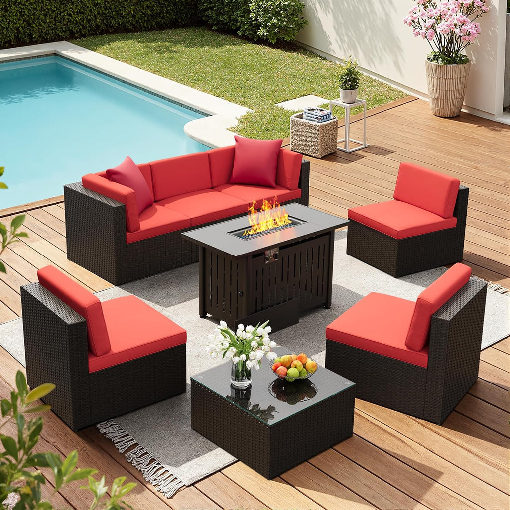 Flamaker 8 Pieces Patio Furniture Set with Fire Pit Table Outdoor Sectional Patio Sofa Furniture Set with Gas Fire Pit and Coffee Table & Ottoman Cushion Pillows, Red