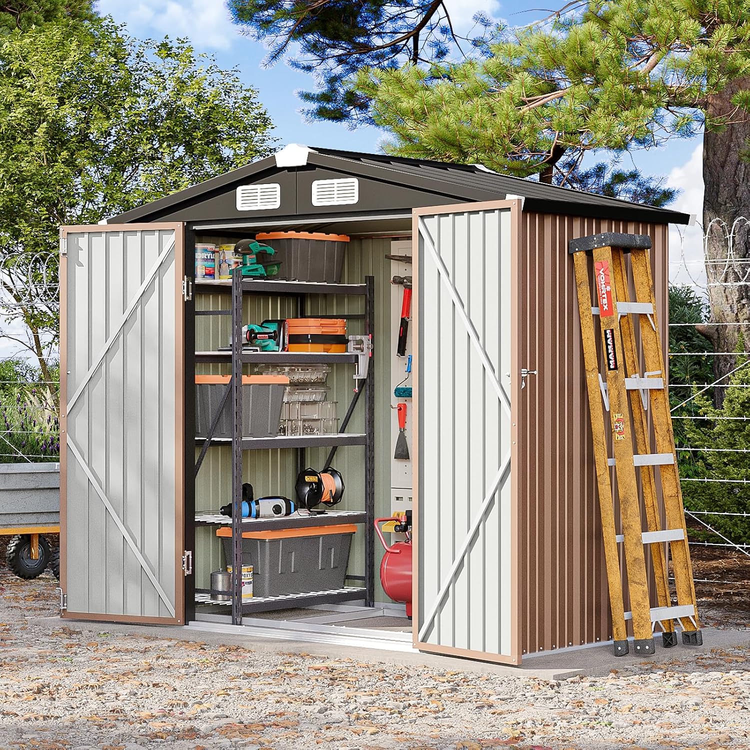 6x4FT Outdoor Storage Shed with Base, Metal Garden Tool Shed with Sloping Roof & Lockable Door for Patio Lawn Backyard (Dark/Base)