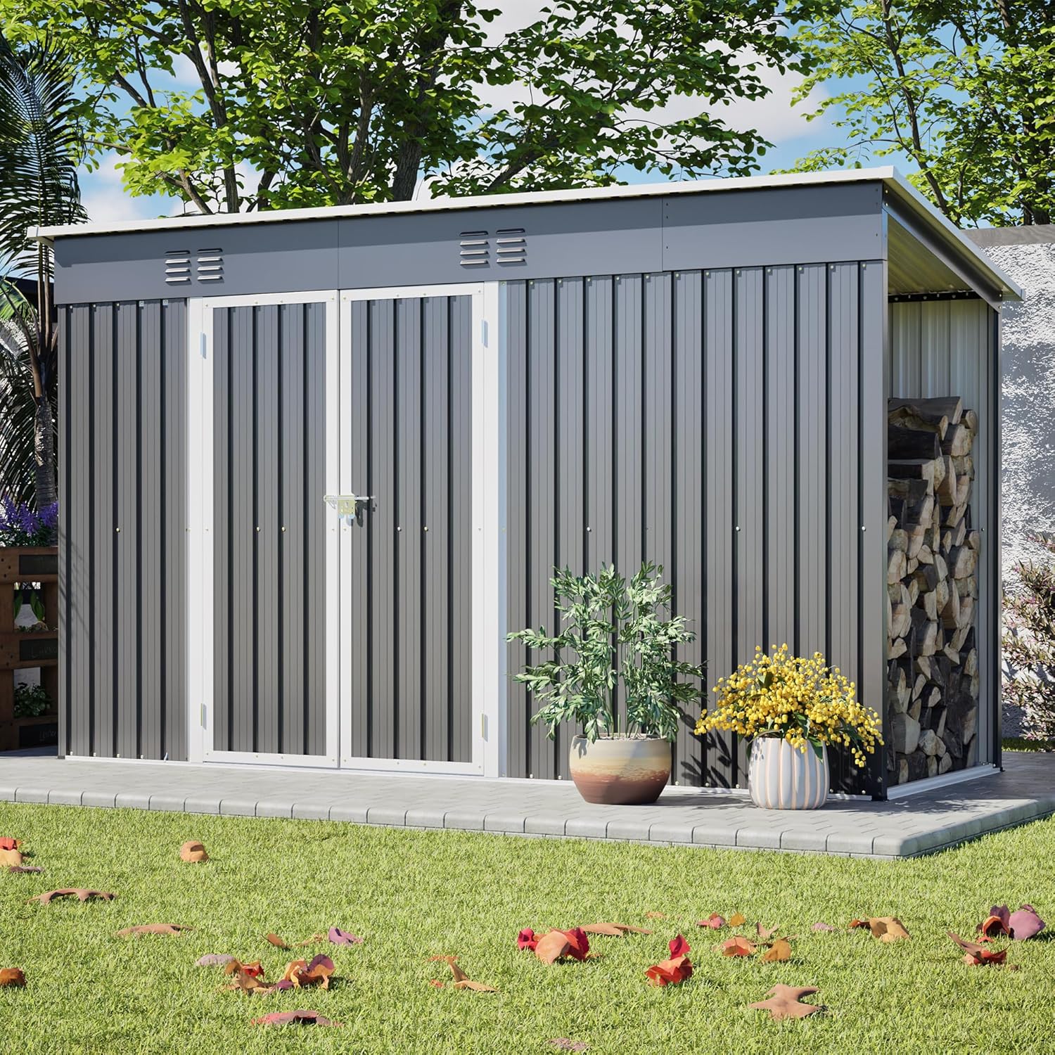 YOPTO 4x10 FT Outdoor Storage Shed with Floor,Metal Shed W/Log Store,Garden Tool Storage House W/Lockable Door & Sloped Roof,for Backyard,Patio,Lawn,Gray