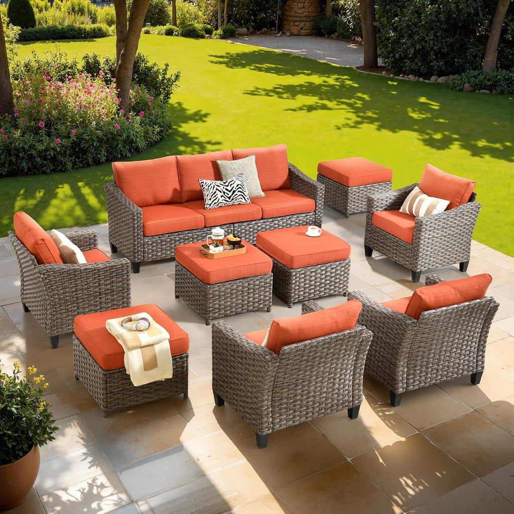 9 PCS Outdoor Patio Furniture Set, All-Weather Rattan Wicker Conversation Group with Deep Seating, High Back Comfort for Porch, Backyard, Orange