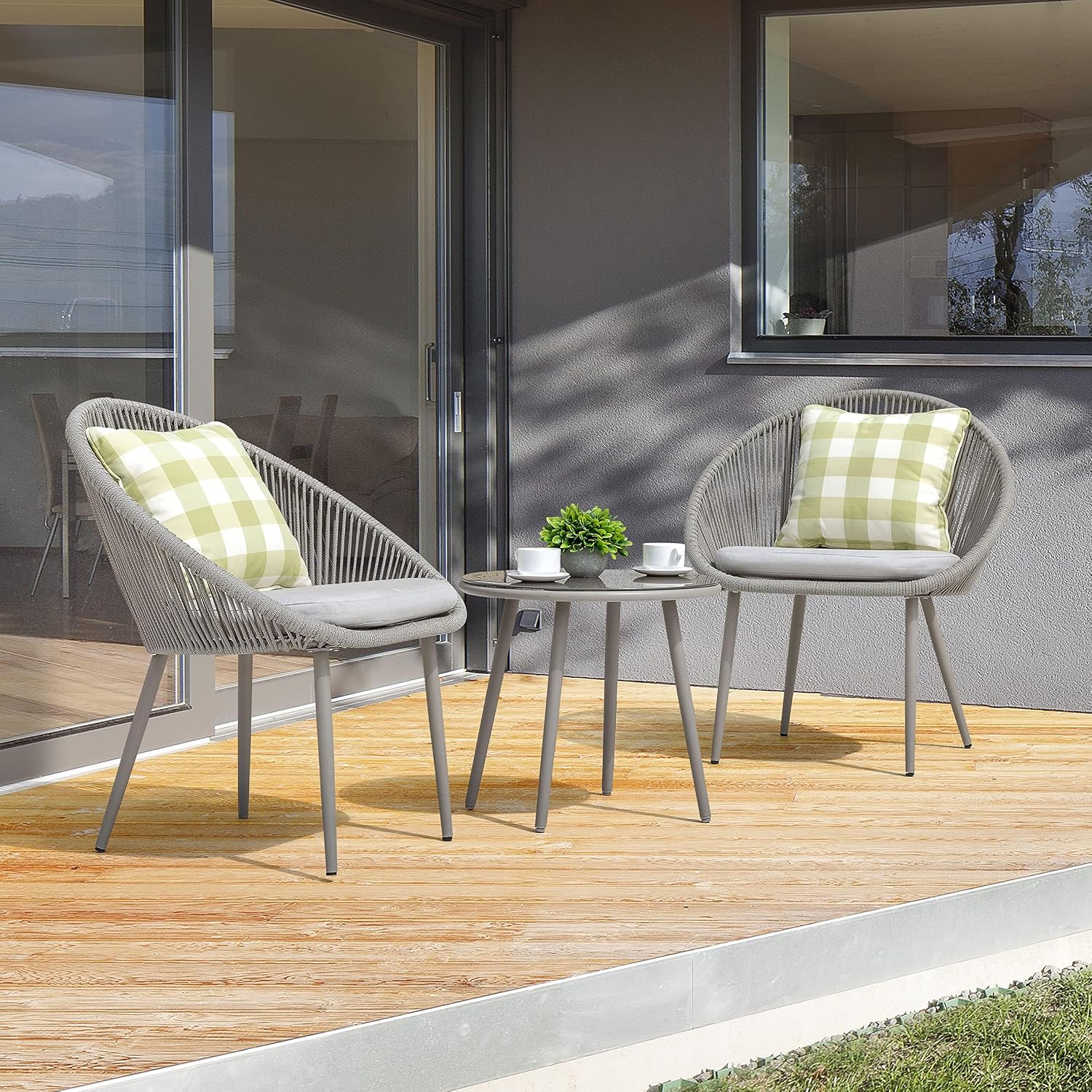 NUU GARDEN 3 Piece Outdoor Bistro Set, Woven Rope Conversation Patio Set, All Weather Patio Furniture Chairs and Table with Cushions for Garden, Deck, Backyard, Balcony, Porch, Beige