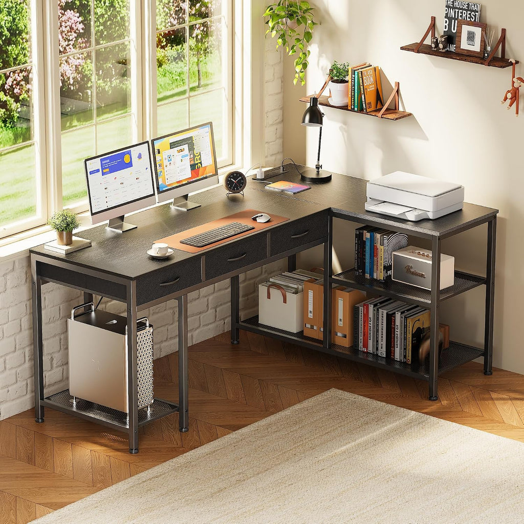 PRAISUN 55 Inch L Shaped Office Desk with Power Outlets and Type-C Port, Large Computer Gaming Desk with 3 Fabric Drawers, Mesh Shelves, Corner Study Work Writing Desk, Black