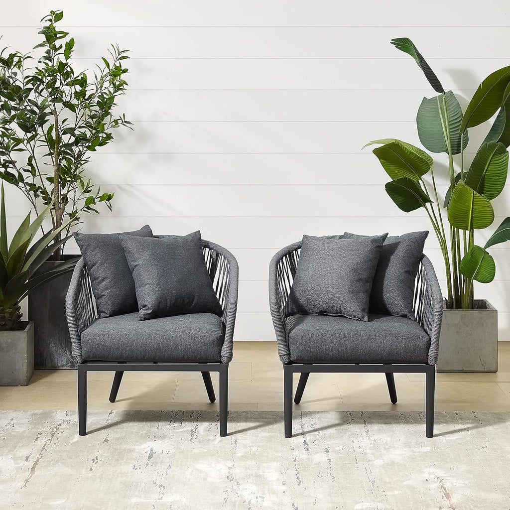 Crosley Furniture Dover 2-Piece Indoor Outdoor Chair Set, Patio Chairs for Conversation, Porch, Deck, Matte Black with Charcoal Cushions