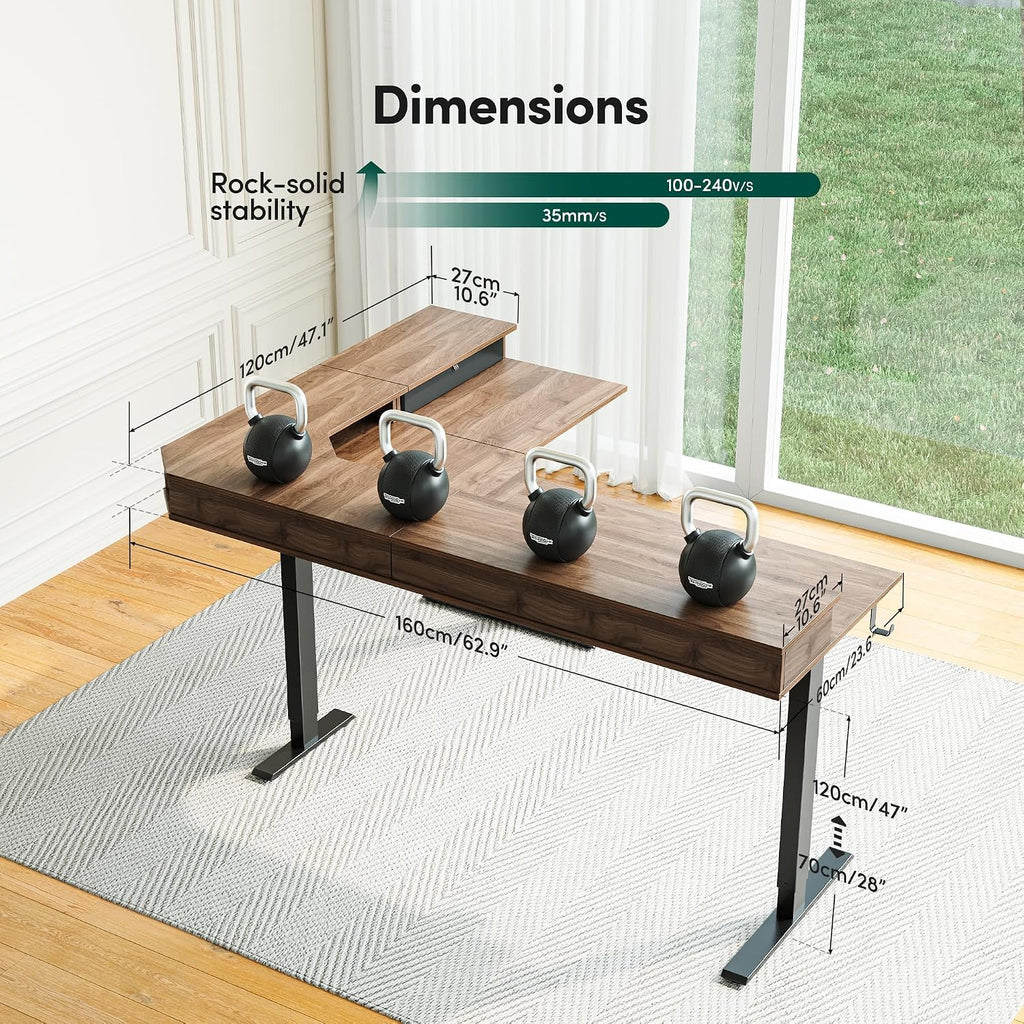 FEZIBO L Shaped Electric Standing Desk, 63x48 inch Large with Drawers | Reversible Tabletop, 2 Memory Height Settings | Home Office & Gaming Height-Adjustable Table, Black Walnut（2 Packages）