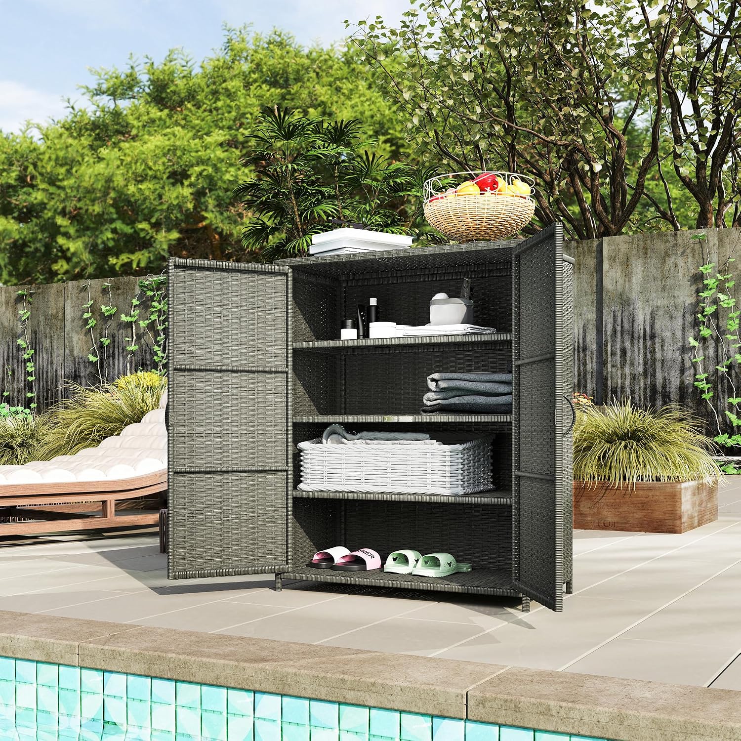 Outsunny Wicker Outdoor Storage Cabinet with Shelves, 4-Shelf Outdoor Pool Towel Cabinet with Two Doors, Rattan Patio Storage Shelves for Garden, Backyard, Porch, Dark Gray