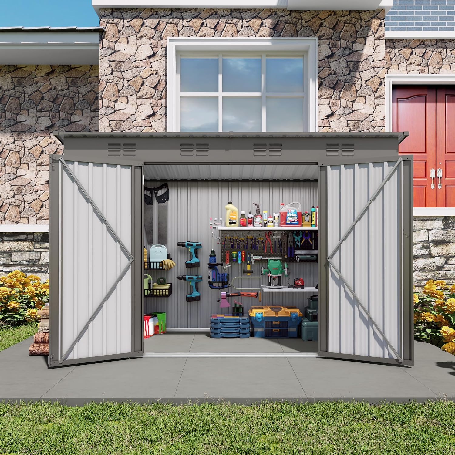 YOPTO 4x9 FT Outdoor Storage Shed W/Window,Metal Shed W/Lockable Door,Garden Tool Storage House W/ 6 Air Vents & Sloped Roof,for Backyard,Patio,Lawn,Gray