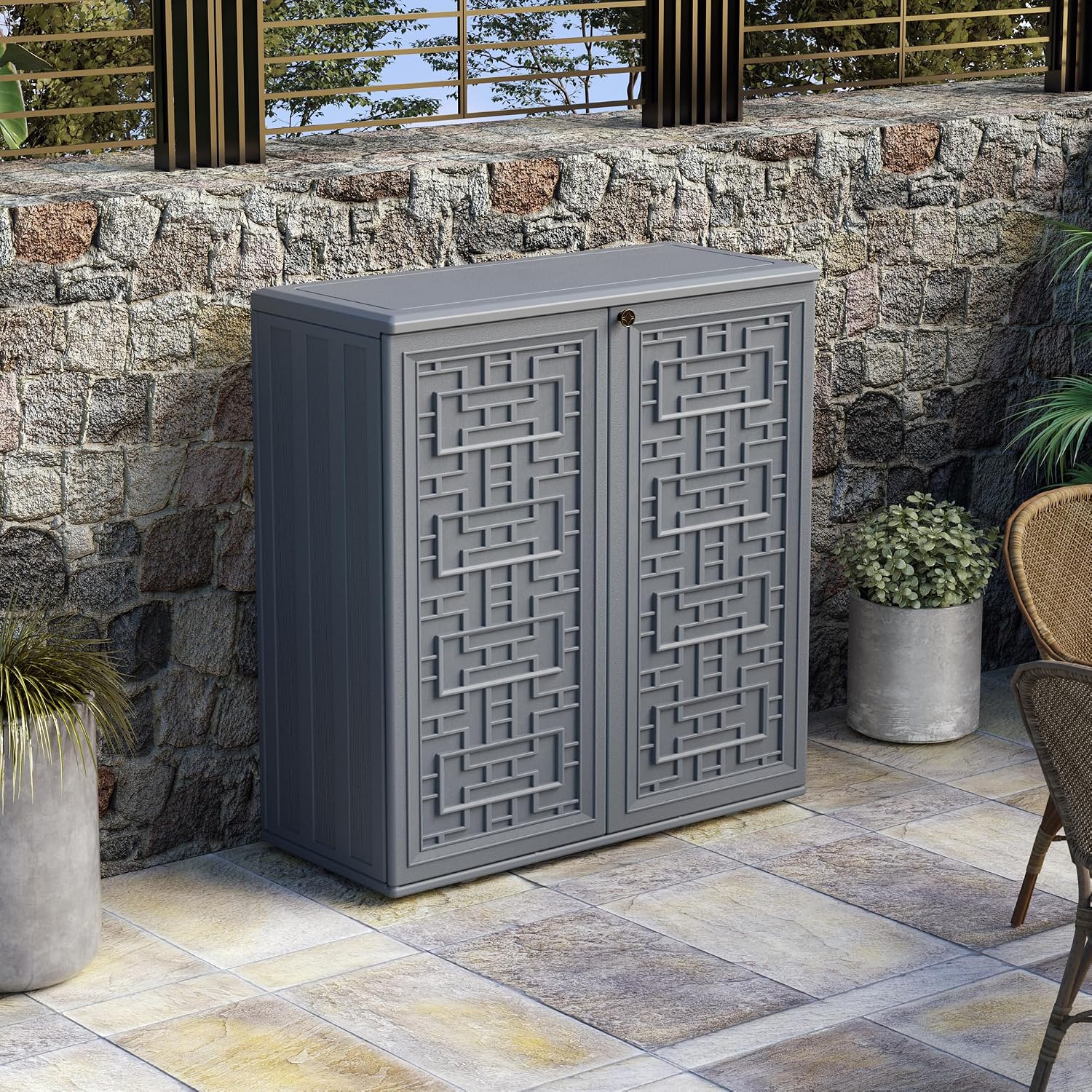 Mrosaa Indoor Outdoor Storage Cabinet Waterproof with Shelf,Plastic Storage Sheds Outdoor Cabinets for Patio/Garden/Backyard, Size 34.3''L*15''W*36.2''H（Gray）