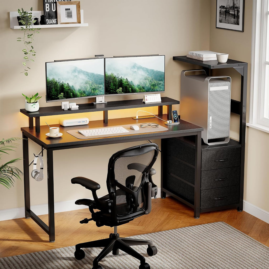 DUMOS L Shaped Gaming Desk with Shelves Storage Drawers 52'', Black Computer Desks with LED Lights Power Outlets, Office Wood Table with PC Stand Cable Management for Bedroom Dual Monitor Streaming
