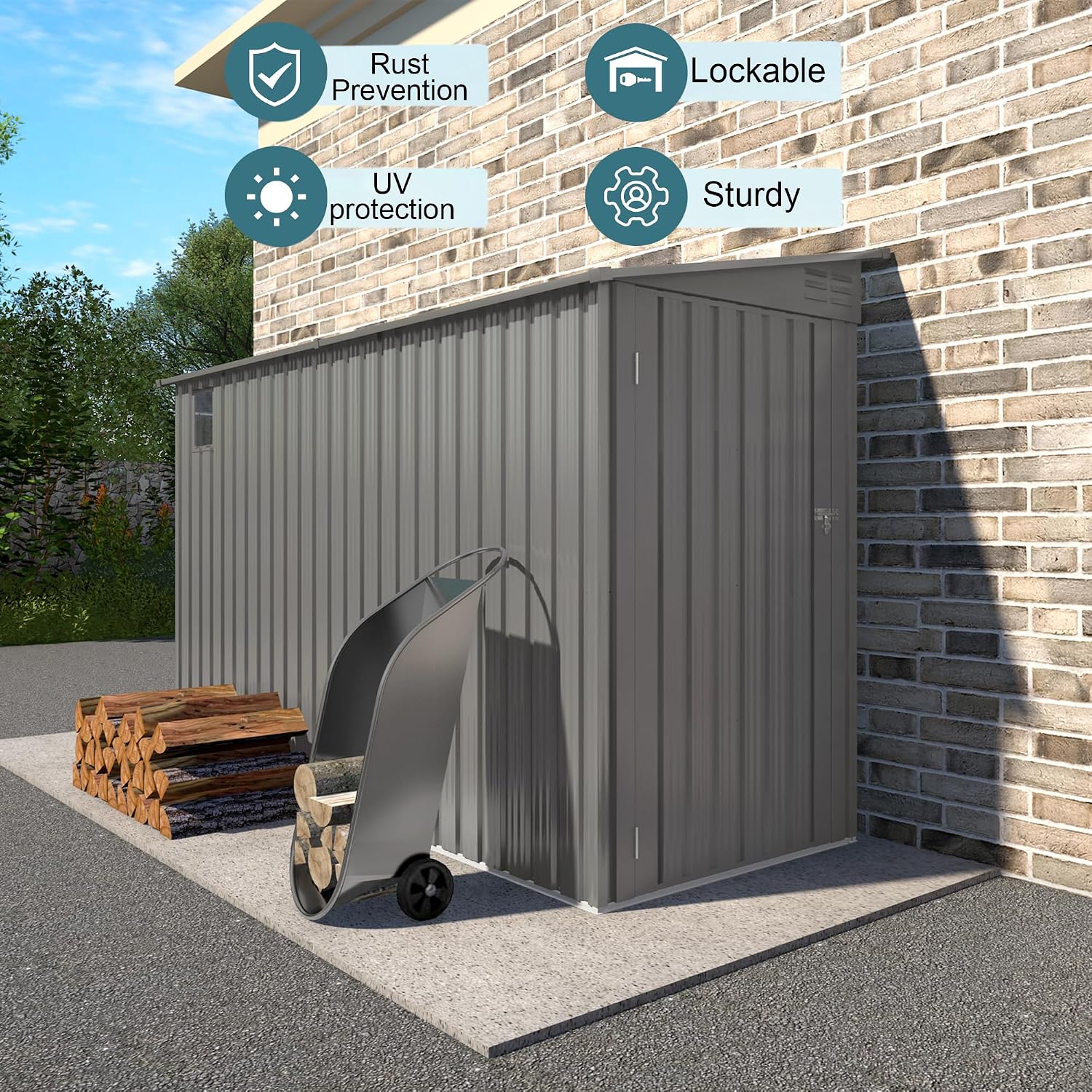 4 * 9.2 FT Outdoor Storage Shed, Galvanized Steel Garden Shed with Lockable Door & Window, Waterproof Metal Tool Storage for Garden, Backyard, Patio, Lawn(Gray)