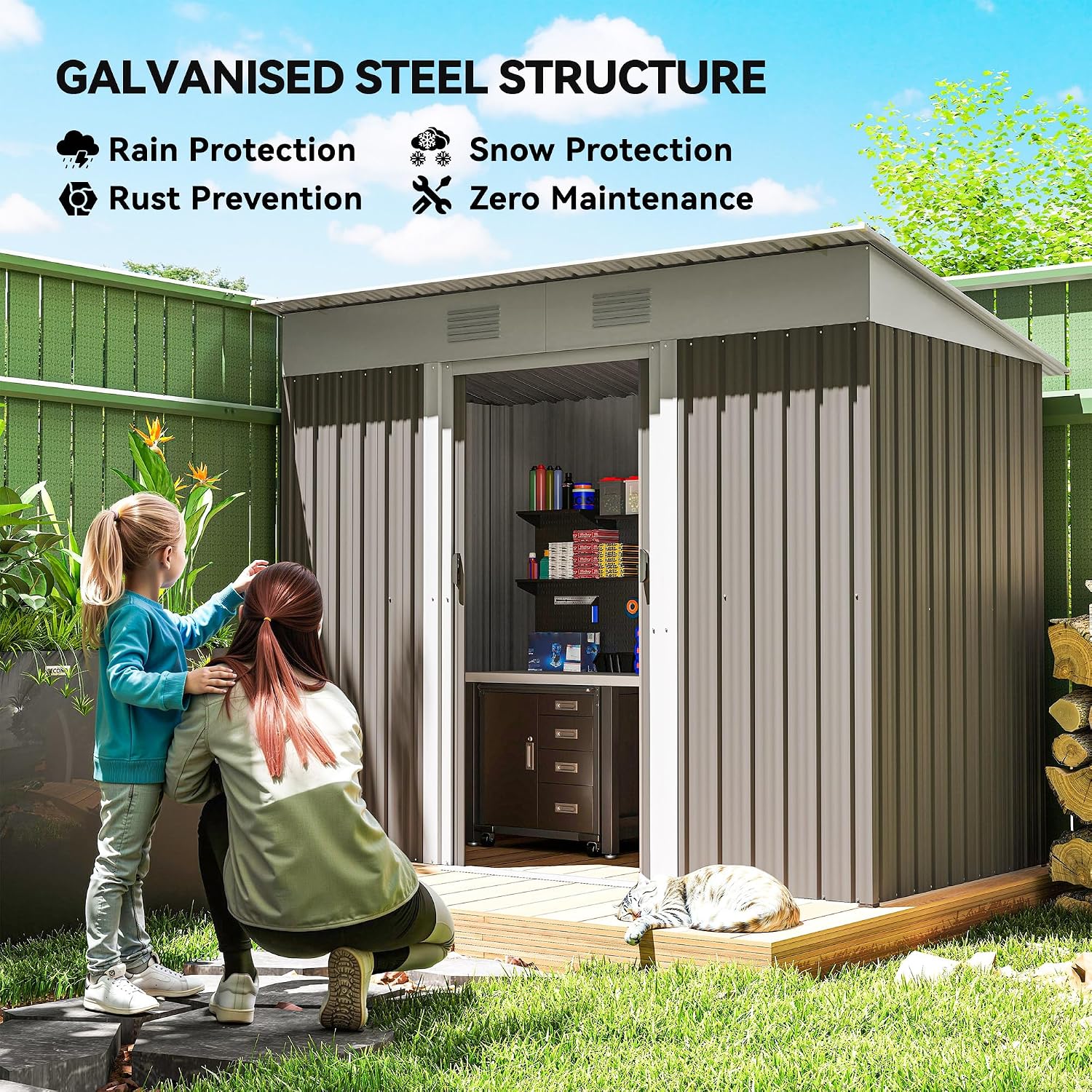 Outsunny 7' x 4' Metal Lean to Garden Shed, Outdoor Storage Shed, Garden Tool House with Double Sliding Doors, 2 Air Vents for Backyard, Patio, Lawn, Light Gray