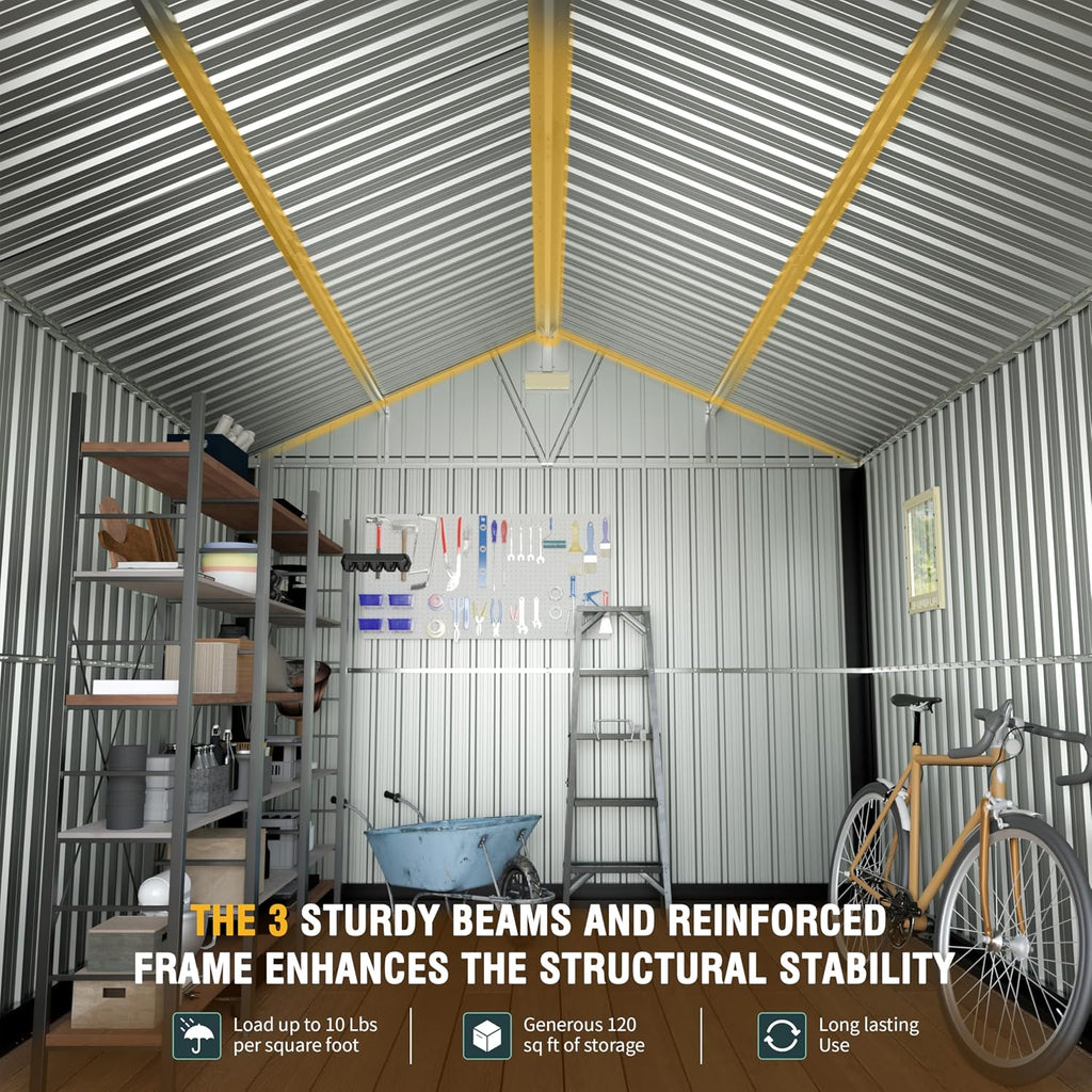 Florise 10x12 Ft Outdoor Storage Shed, Extra Large Metal Shed with Frame Floor, Lockable Doors, 2 Windows, Outside Steel Tiny House Ideal for Garden, Backyard, Patio Utility, Tool Storage