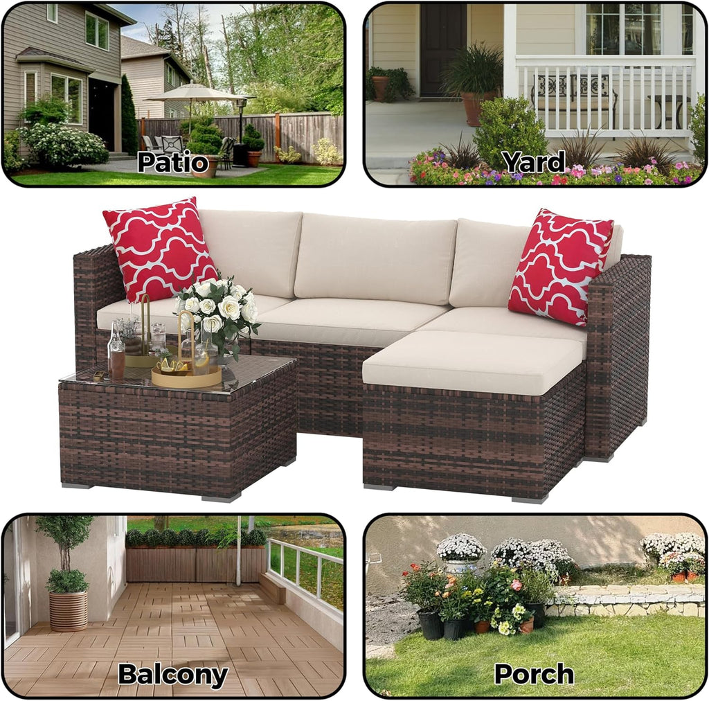 5 Pieces Patio Furniture Set, All-Weather Wicker Sectional Sofa With Anti-Slip Cushions, Rattan Outdoor Patio Furniture Sofa Set With Glass Coffee Table and Ottoman for Balcony, Porch, Garden, Brown