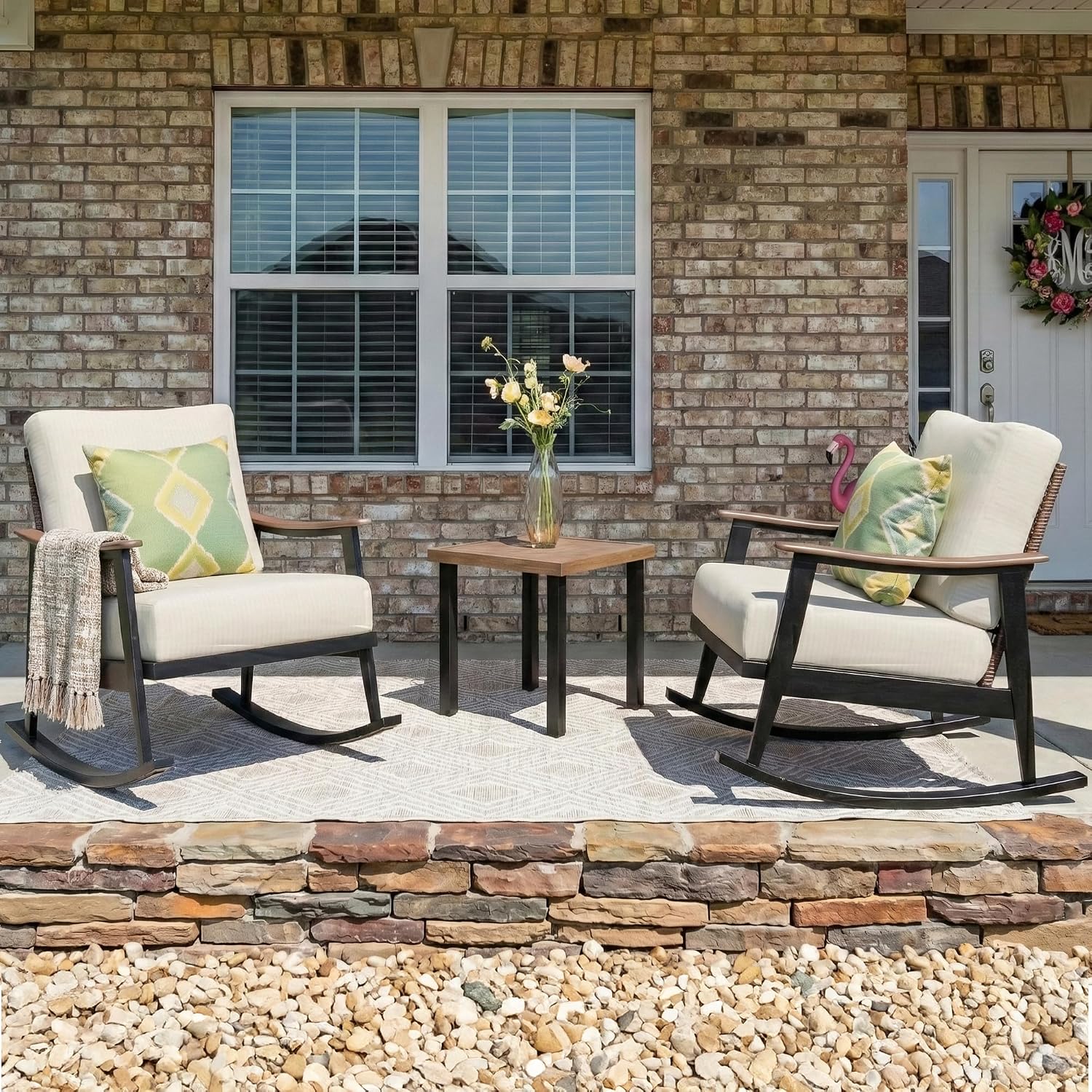 NATURAL EXPRESSIONS Rocking Bistro Set,3 Piece Wicker Patio Furniture Set with 2 Outdoor Rocker Chairs,Rattan Back,Aluminum Wood-like Armrest,Sturdy Metal Frame,6' Soft Cushions for Porch,Balcony,Yard