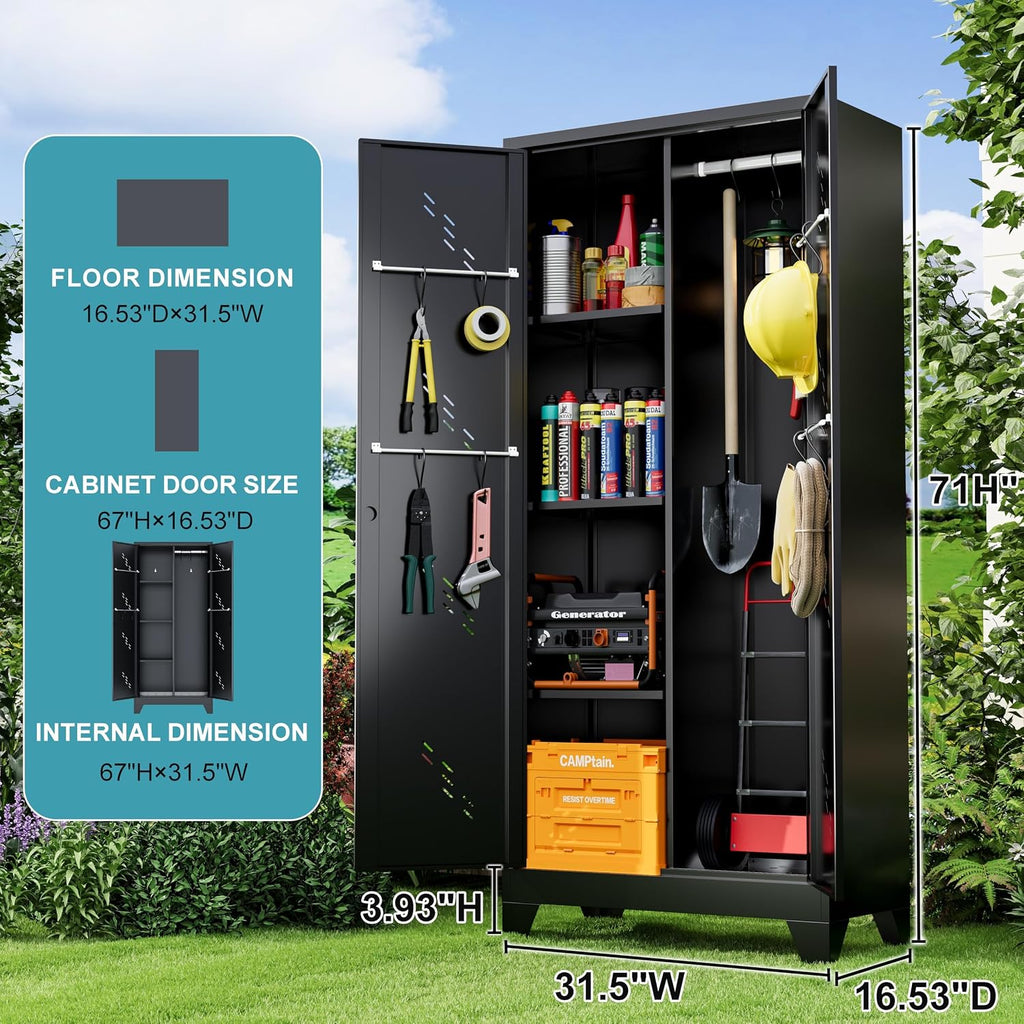 Metal Storage Cabinet 71' H, Garege Storage with Stainless Steel Bottom, Black Cleaning Supplies Organization Cabinet with Lockable Doors and Hanging Rod for Outdoor, Home Office