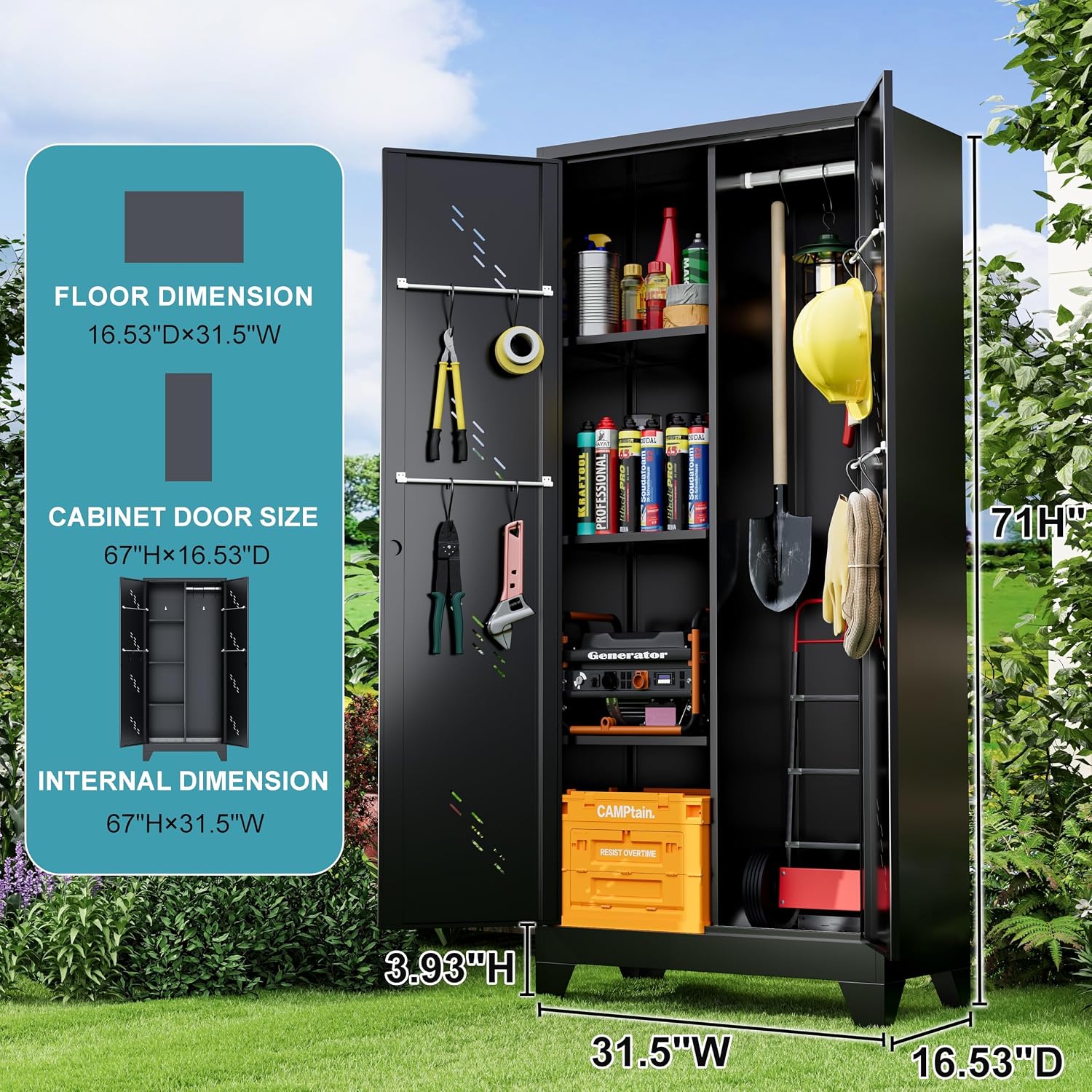 Metal Storage Cabinet 71' H, Garege Storage with Stainless Steel Bottom, Black Cleaning Supplies Organization Cabinet with Lockable Doors and Hanging Rod for Outdoor, Home Office