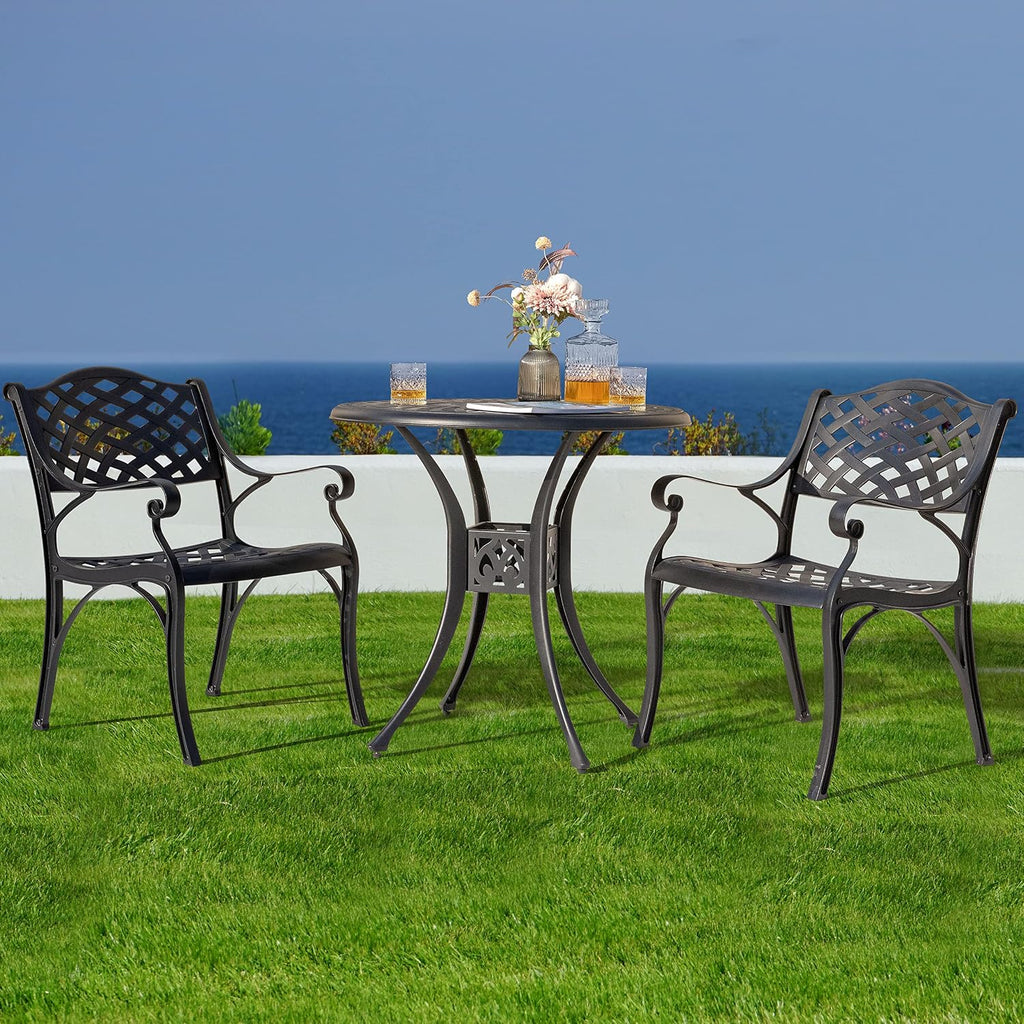 NUU GARDEN 3 Piece Outdoor Cast Aluminum Bistro Table Set Rustproof Table and Chairs with Umbrella Hole for Backyard, Balcony, Front Porch, Black