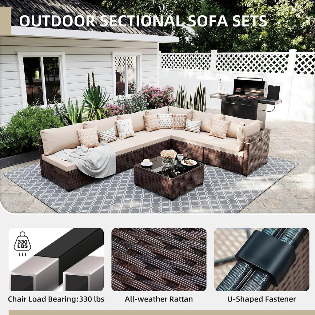 UPHA 9 Pieces Patio Furniture Sets, Wicker Outdoor Sectional Sofa Couch with Round Propane Pit for Deck Backyard Garden, Brown Rattan, Beige Cushion