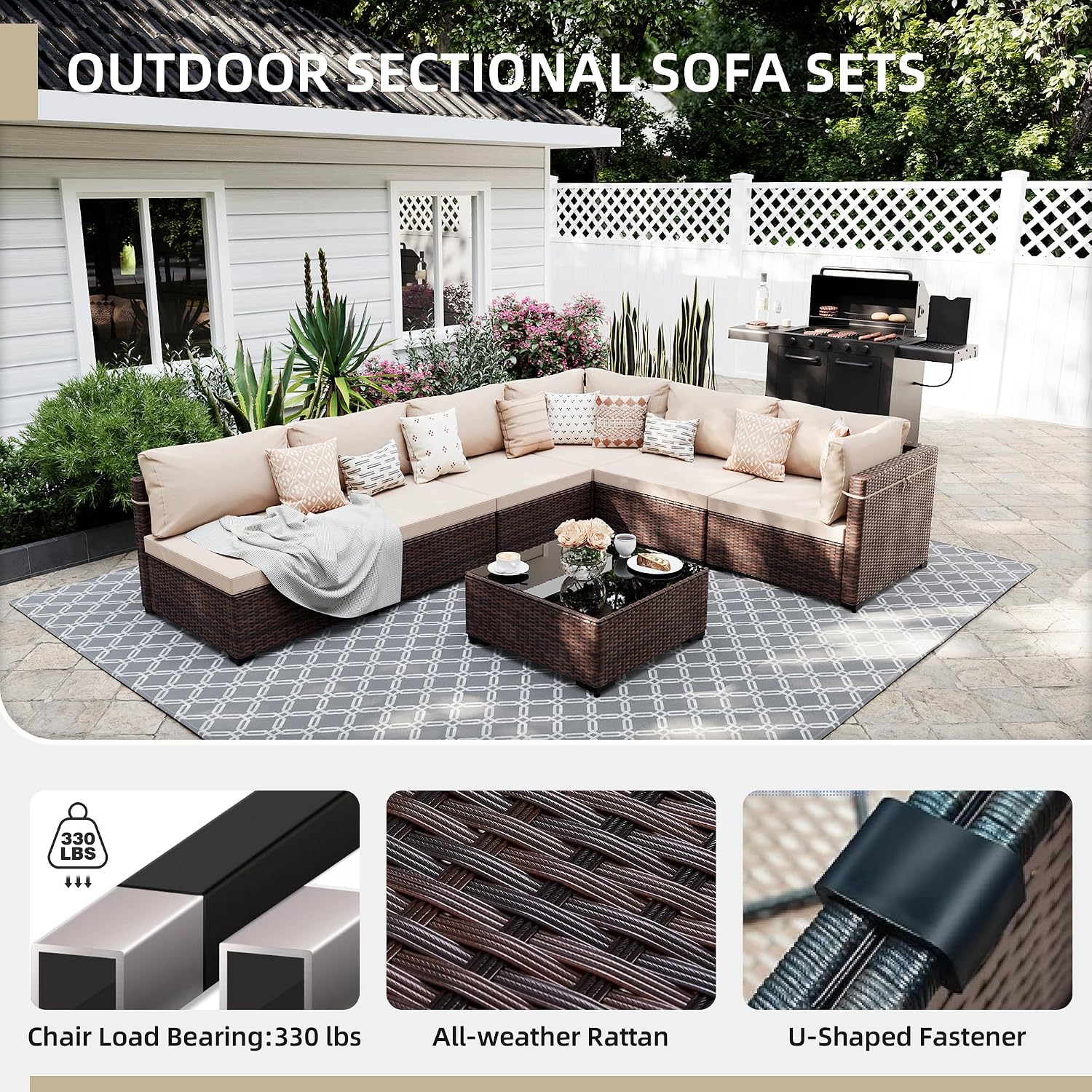 UPHA 9 Pieces Patio Furniture Sets, Wicker Outdoor Sectional Sofa Couch with Round Propane Pit for Deck Backyard Garden, Brown Rattan, Beige Cushion
