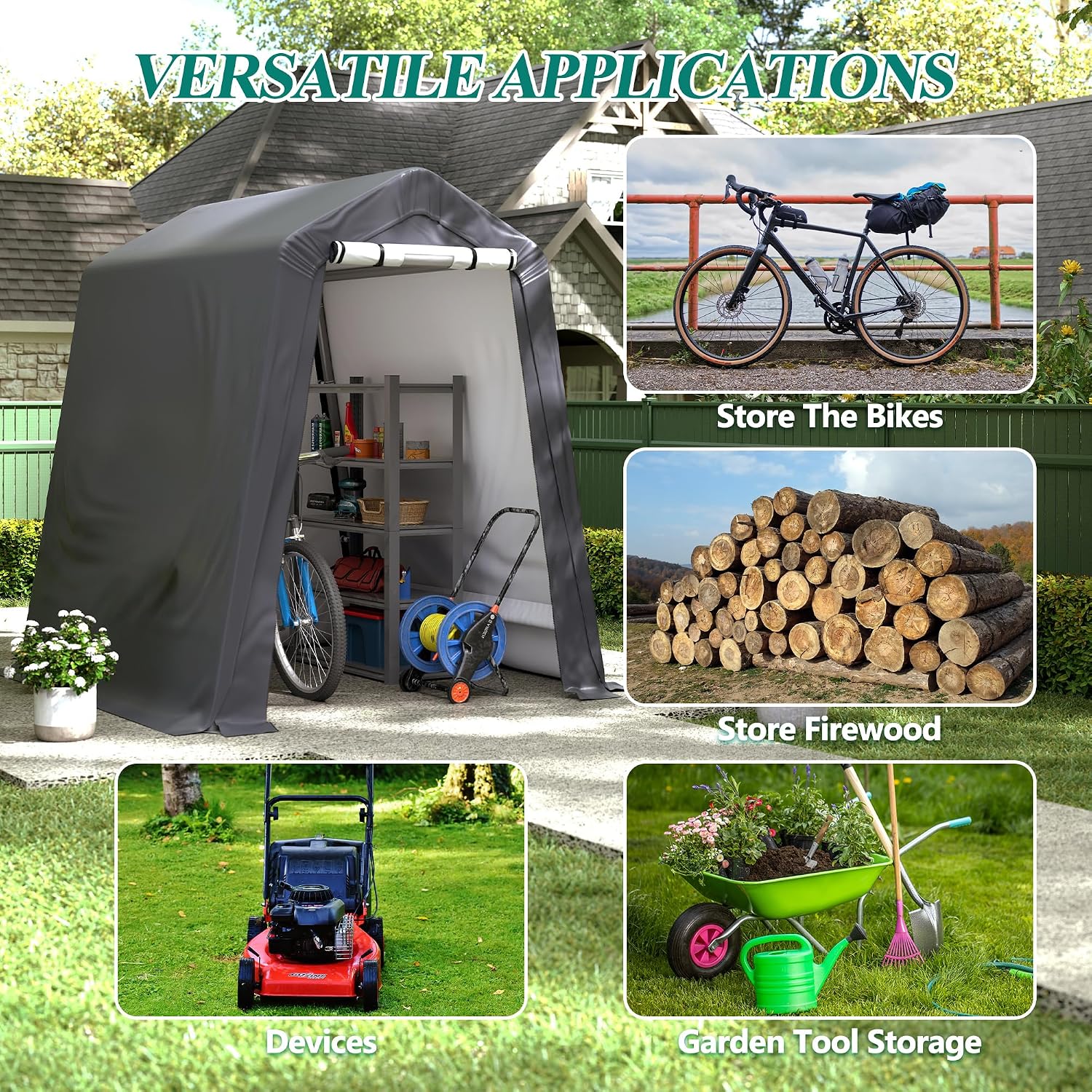 GARTOO 6' x 7' Outdoor Storage Shelter Shed- Heavy Duty Storage Tent with Roll-up Ventilated Windows, Portable Garage Storage shed for Bike, ATV, Motorcycle Shelter, Gray