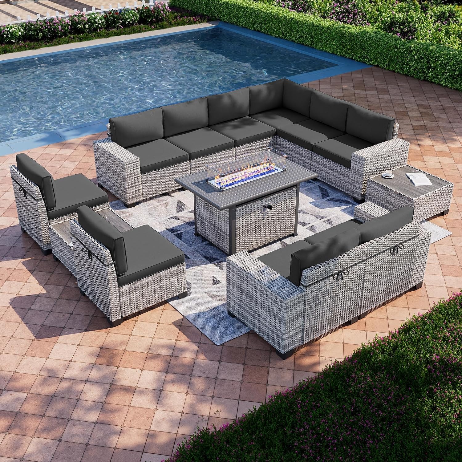 13-Piece Outdoor Patio Furniture Set with 55,000 BTU Fire Pit Table, PE Wicker Rattan Sectional Sofa Patio Conversation Set with Coffee Table, Dark Grey