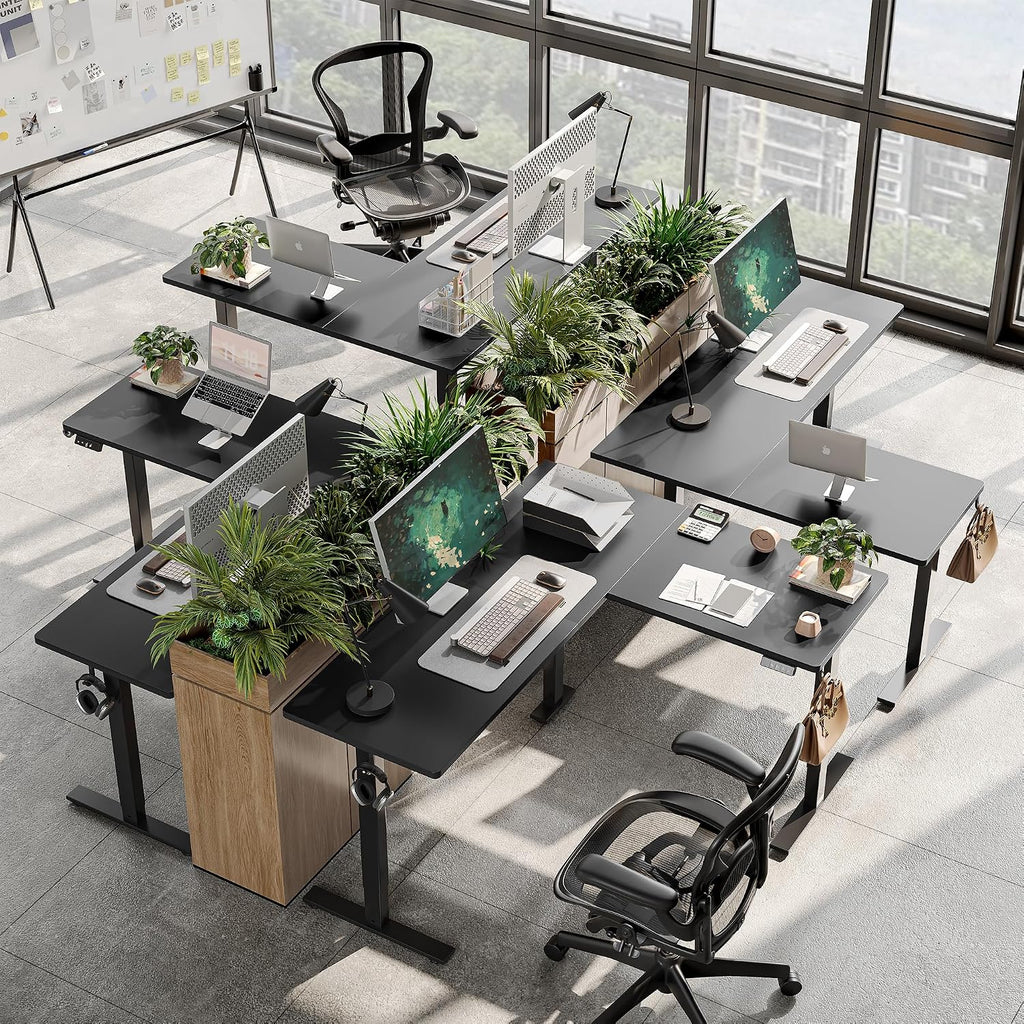 TIQLAB Standing Desk L Shaped, 63x55 Inch Adjustable Height Electric Stand Up Desk, Corner Standing Table with Hooks, Sit Stand Desk with Splice Board, Black