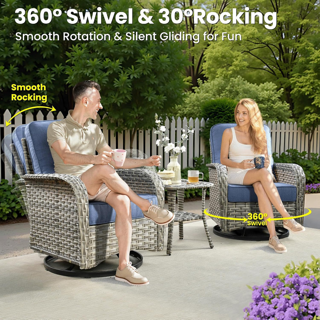 ovios 8-Piece Patio Furniture Set with L-Shape Sofa Chaise, Outdoor Sectional Couch Swivel Gliders Fire Pit Table, Modern Modular Wicker Rattan Conversation Set, Denim Blue