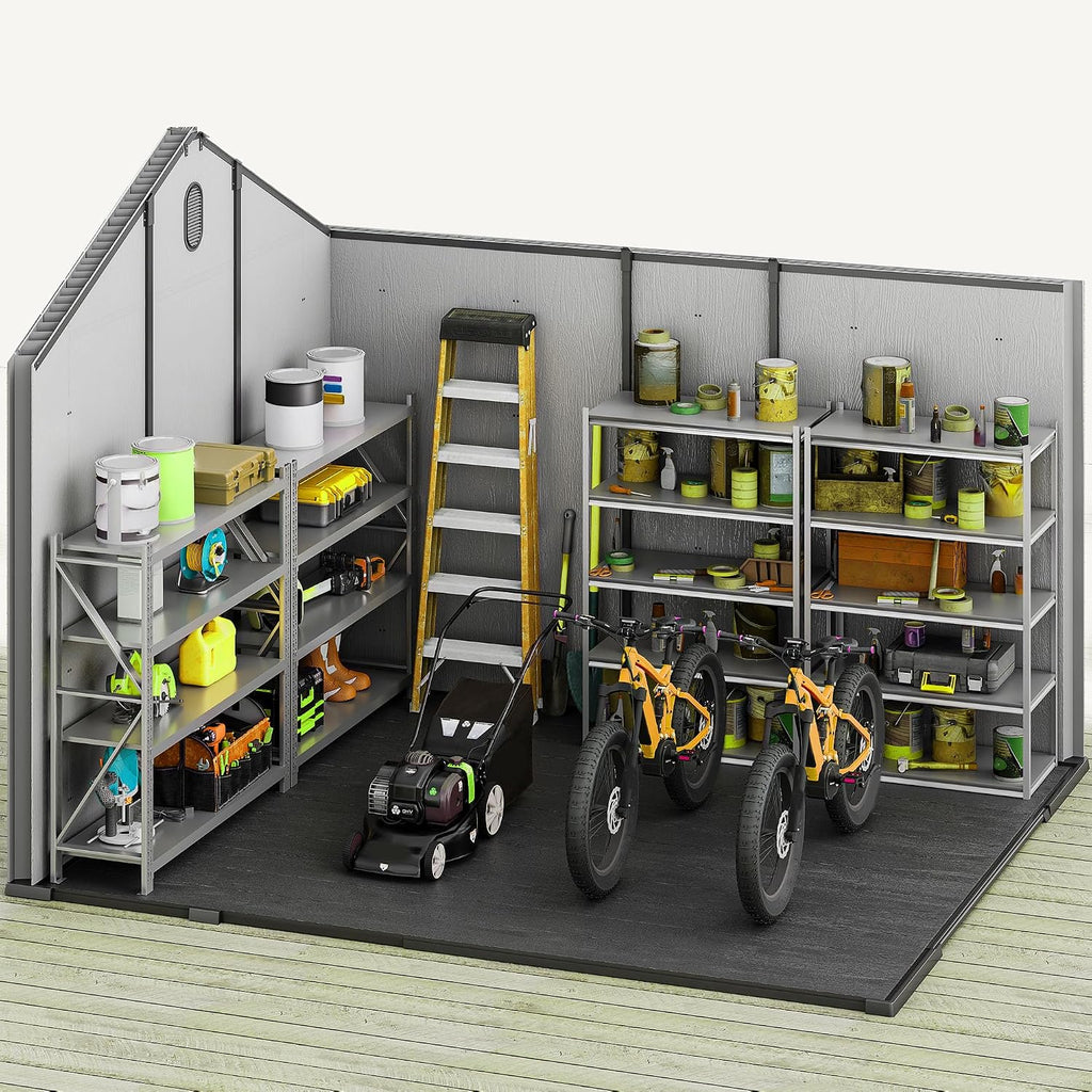 DWVO 8x10 FT Outdoor Storage Shed, 544 cuft Large Plastic Storage Shed with Floor & Lockable Door, Outside Tool Garden Shed with Windows & Vents for Patio Furniture/Lawn Mower, Black&Gray