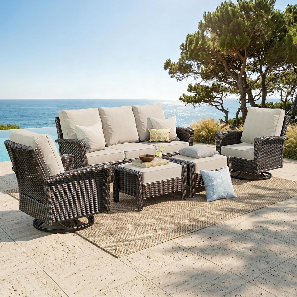 SUNSHINE VALLEY 5 Pieces Patio Furniture Set with Swivel Chairs, High Back Wicker Rattan Sofa with Extra Thick Cushion and Ottoman, Outdoor Conversation Set for Garden Backyard Deck,Beige