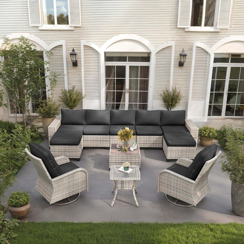 11 PCS Outdoor Patio Furniture Set with Wicker Swivel Rocker Chairs Sectional Sofa Set, Patio Conversation Set with Ottomans & Coffee Table for Garden, Backyard, Poolside, Dark Grey