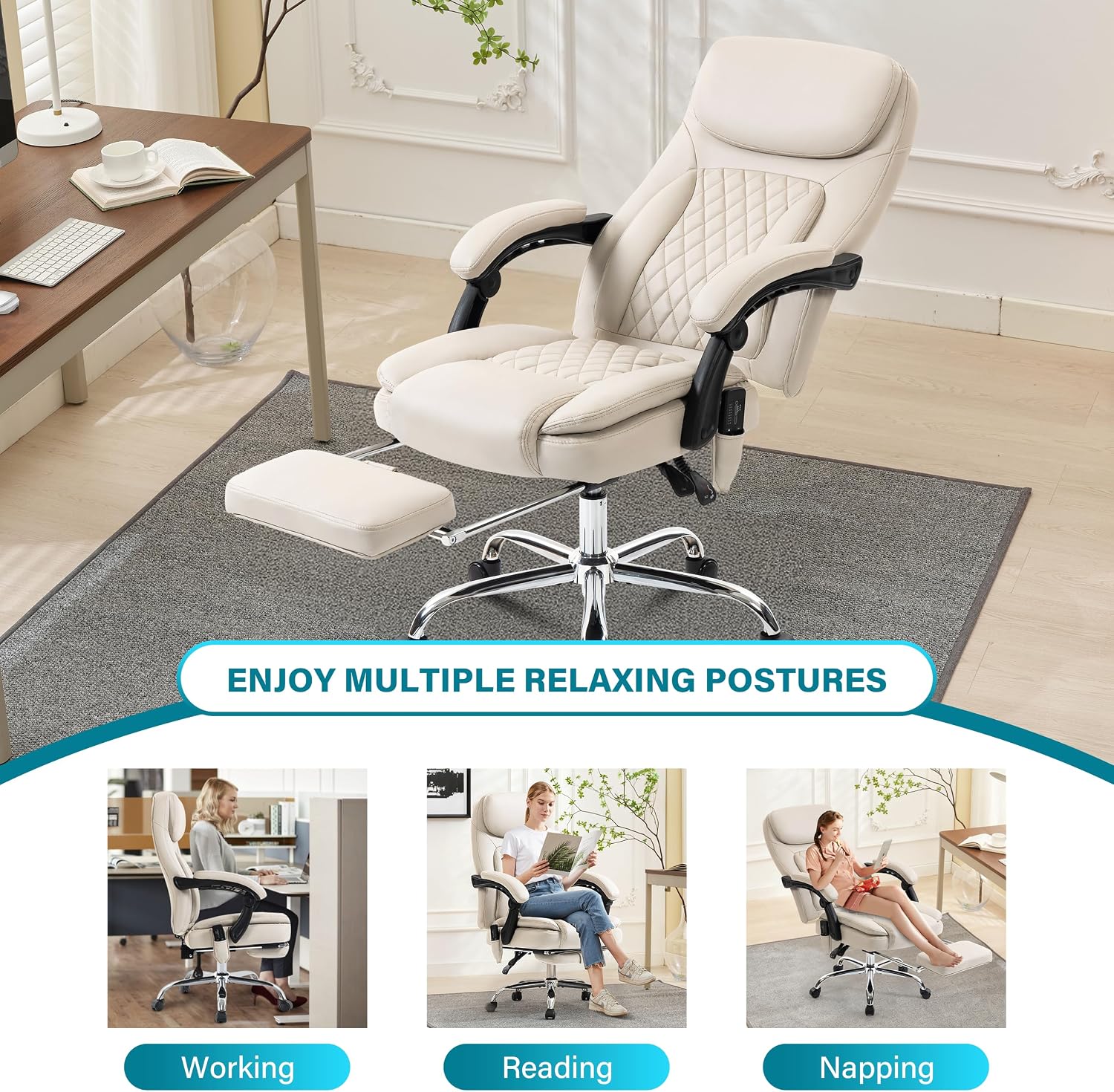 6-Point Massage Office Chair with Heated, Ergonomic Office Chair with Footrest & 45°Reclining High Back, Big and Tall Executive Office Chair 500LBS, Thick Cushion Desk Chair for Home Office, Beige(PU)