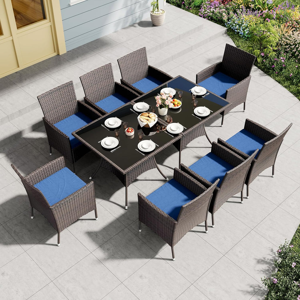 10 Pieces Outdoor Patio Dining Set,Patio Table and Chairs Rattan Outdoor Patio Furniture Set with Umbrella Hole,Dining Table Set for 8 with Chairs for Backyard,Garden and Kitchen,Navy Blue
