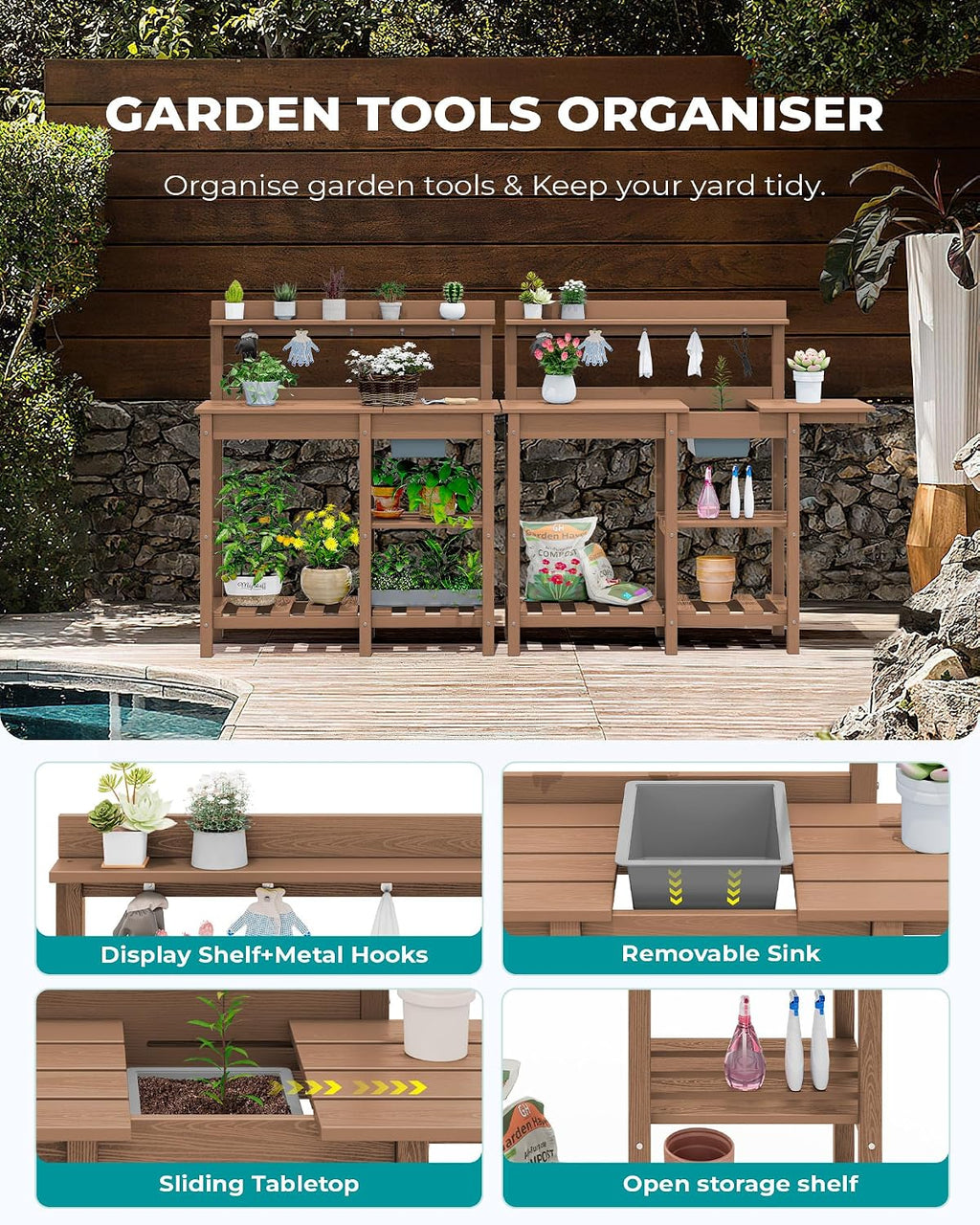SERWALL Outdoor Potting Bench 2-Piece Set, Rot-Resistant HDPE Potting Table with Removable Sink for Outside Gardening, All-Weather Use - Brown