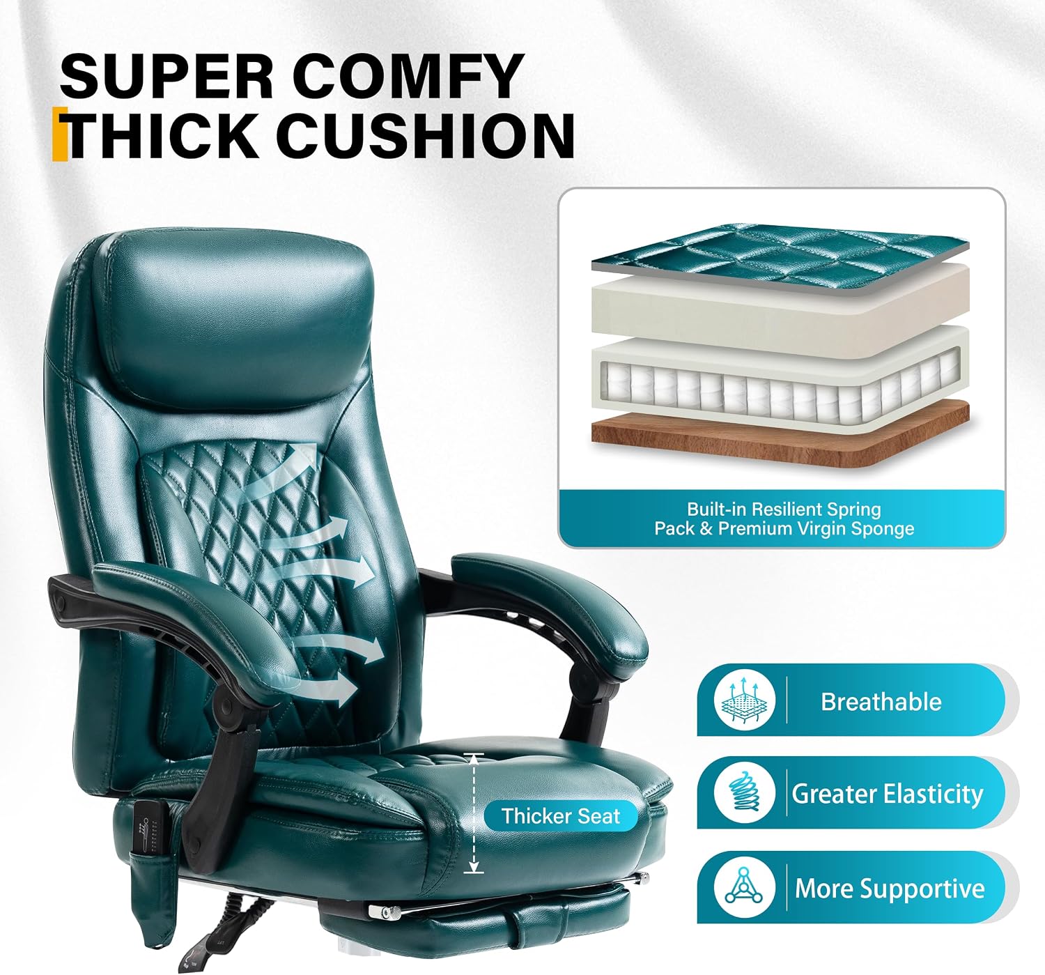 6-Point Massage Office Chair with Heated, Ergonomic Office Chair with Footrest & 45°Reclining High Back, Big and Tall Executive Office Chair 500LBS, Thick Cushion Desk Chair for Home Office, Green(PU)