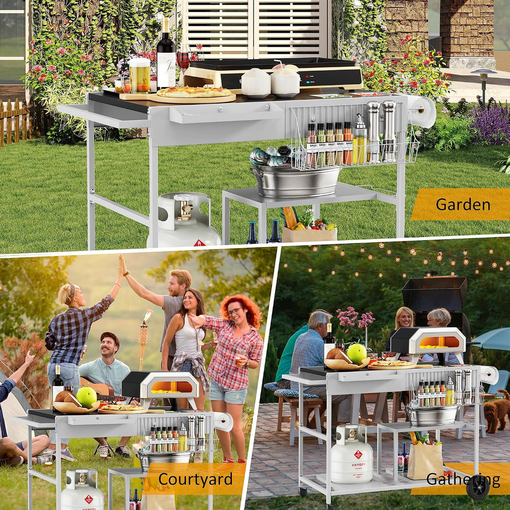 JY QAQA Outdoor Pizza Oven Stand with Condiment Shelf, Outdoor Cooking Cart, Grill Worktable for Patio, Food Prep Station Fits Ninja Woodfire Grill, Cuisinart Grill, Blackstone Griddle