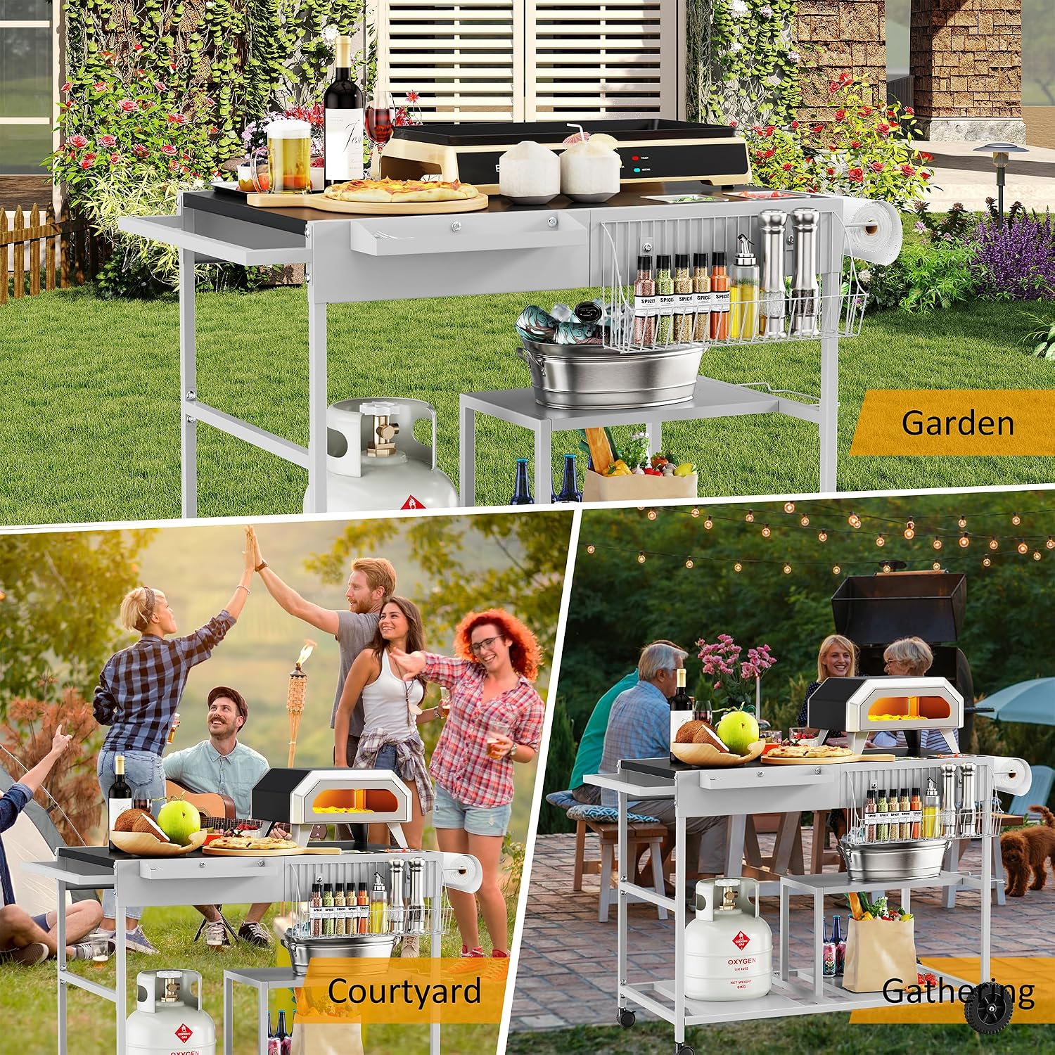 JY QAQA Outdoor Pizza Oven Stand with Condiment Shelf, Outdoor Cooking Cart, Grill Worktable for Patio, Food Prep Station Fits Ninja Woodfire Grill, Cuisinart Grill, Blackstone Griddle