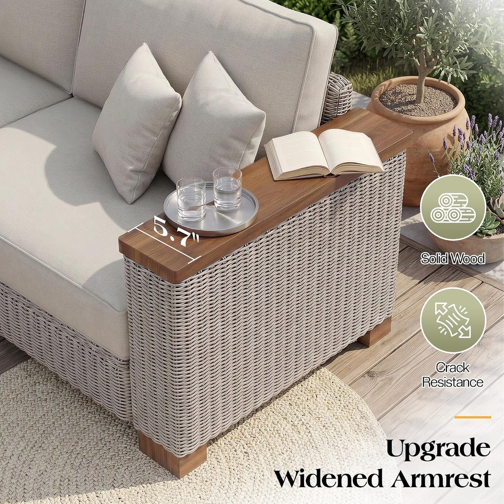 PaPaJet 3 Seat Outdoor Patio Sofa, All-Weather Wicker Couch with Solid Wood Armrests and Legs, 4.7 Inch Thick Removable Cushions, UV Resistant Modular Sofa Perfect for Porch, Backyard, Garden