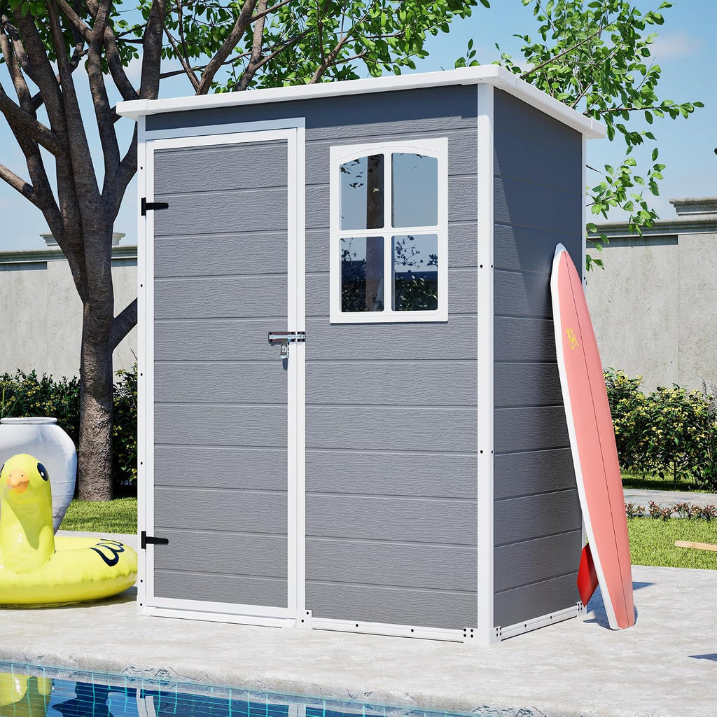 YOPTO 5x3ft Resin Outdoor Storage Shed Weather Resistant with Floor,Outdoor Resin Storage Shed W/Window,Garden Tool House W/Lockable Door,Pitched Roof & Drainage Holes,for Backyard,Patio,Lawn,Gray