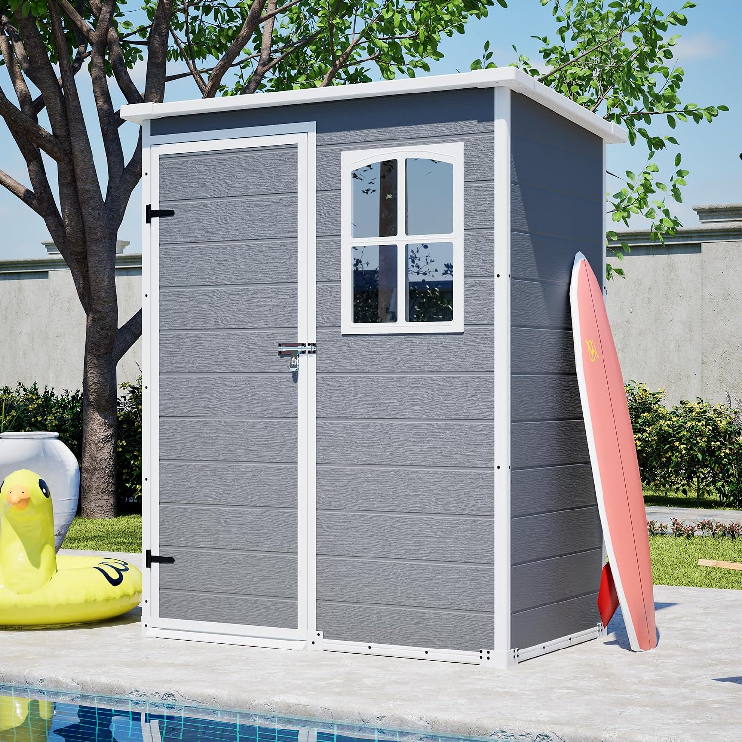 YOPTO 5x3ft Resin Outdoor Storage Shed Weather Resistant with Floor,Outdoor Resin Storage Shed W/Window,Garden Tool House W/Lockable Door,Pitched Roof & Drainage Holes,for Backyard,Patio,Lawn,Gray