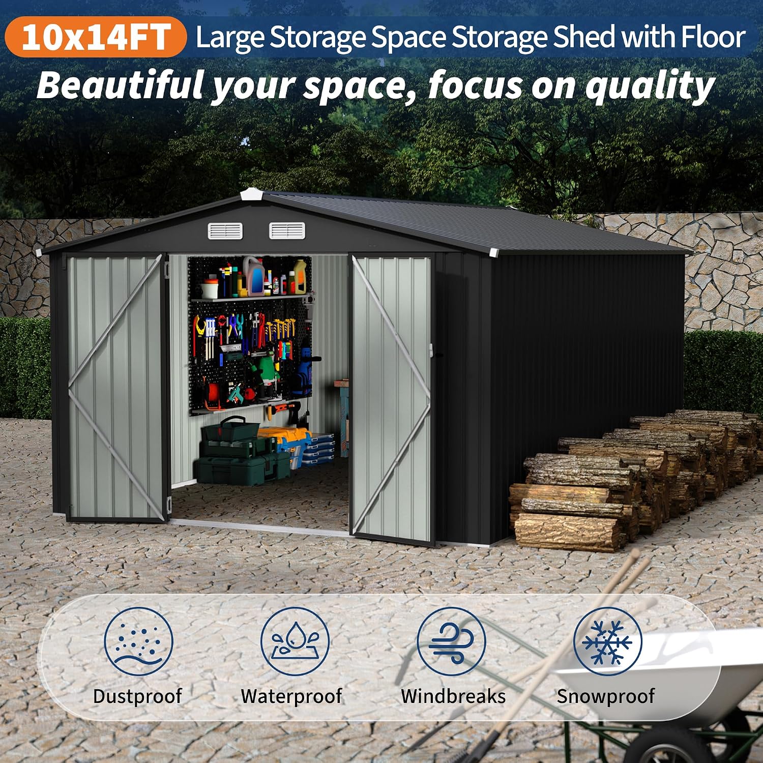 GarveeLife 10x14 Ft Outdoor Storage Sheds, Metal Garden Tool Shed for Backyard, Large Metal Sheds Outdoor Storage with Lockable Doors & Air Vents for Backyard Garden Patio Lawn
