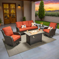 ovios 5-Piece Patio Furniture Set with Swivel Chairs Side Table, Outdoor Wicker Sofa with 42' Fire Pit Table, High Back Couch Modern Conversation Sets, Brown/Orange Red