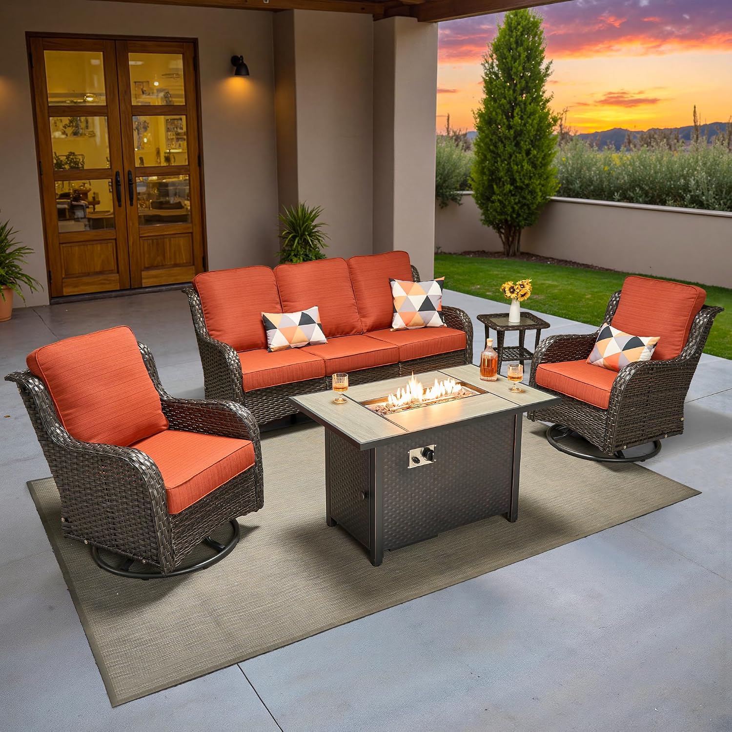 ovios 5-Piece Patio Furniture Set with Swivel Chairs Side Table, Outdoor Wicker Sofa with 42' Fire Pit Table, High Back Couch Modern Conversation Sets, Brown/Orange Red