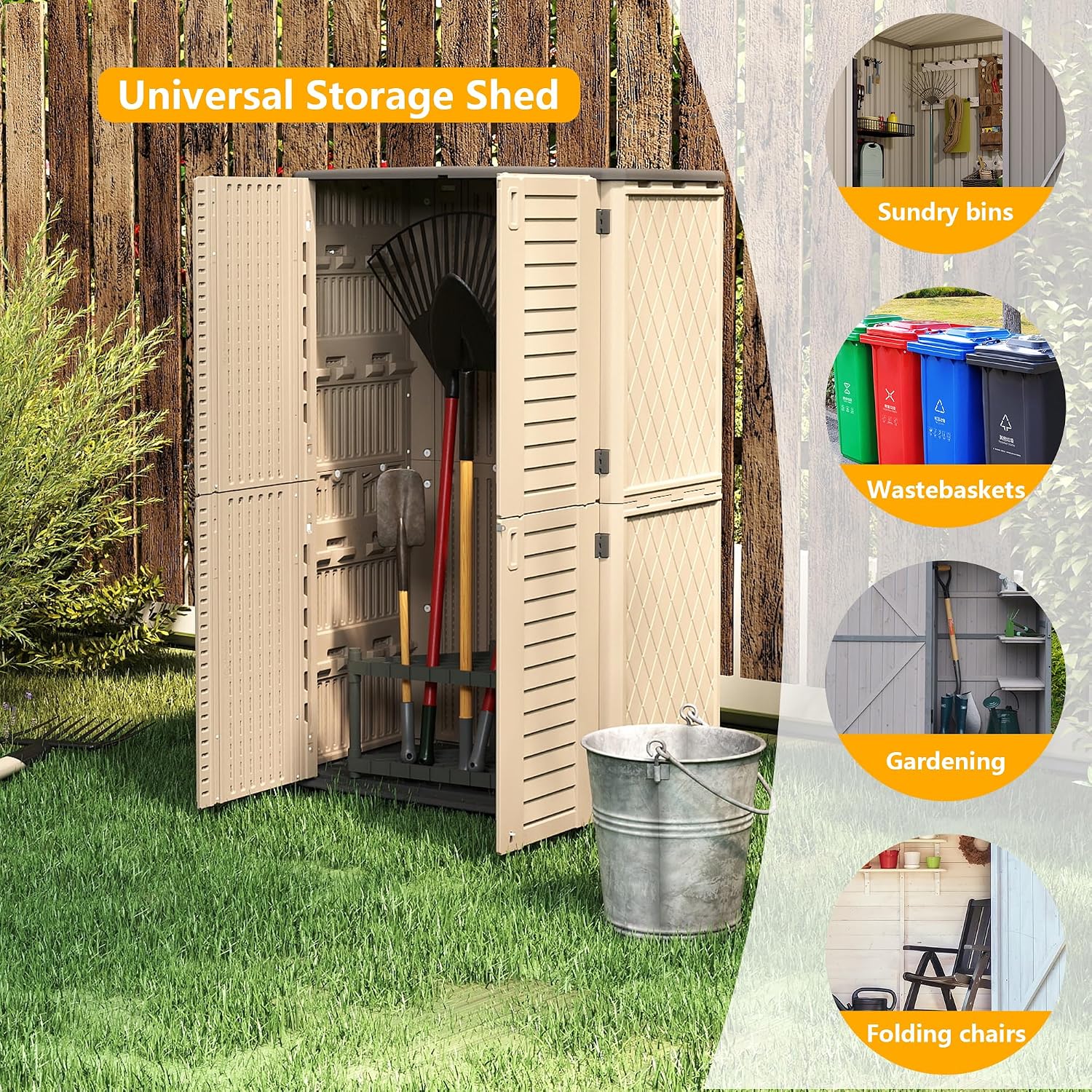 European Double-Door Outdoor Storage Shed in Brown, Sized 50x29x80 Inches - A Weatherproof Resin Cabinet for Vertical Storage Organization