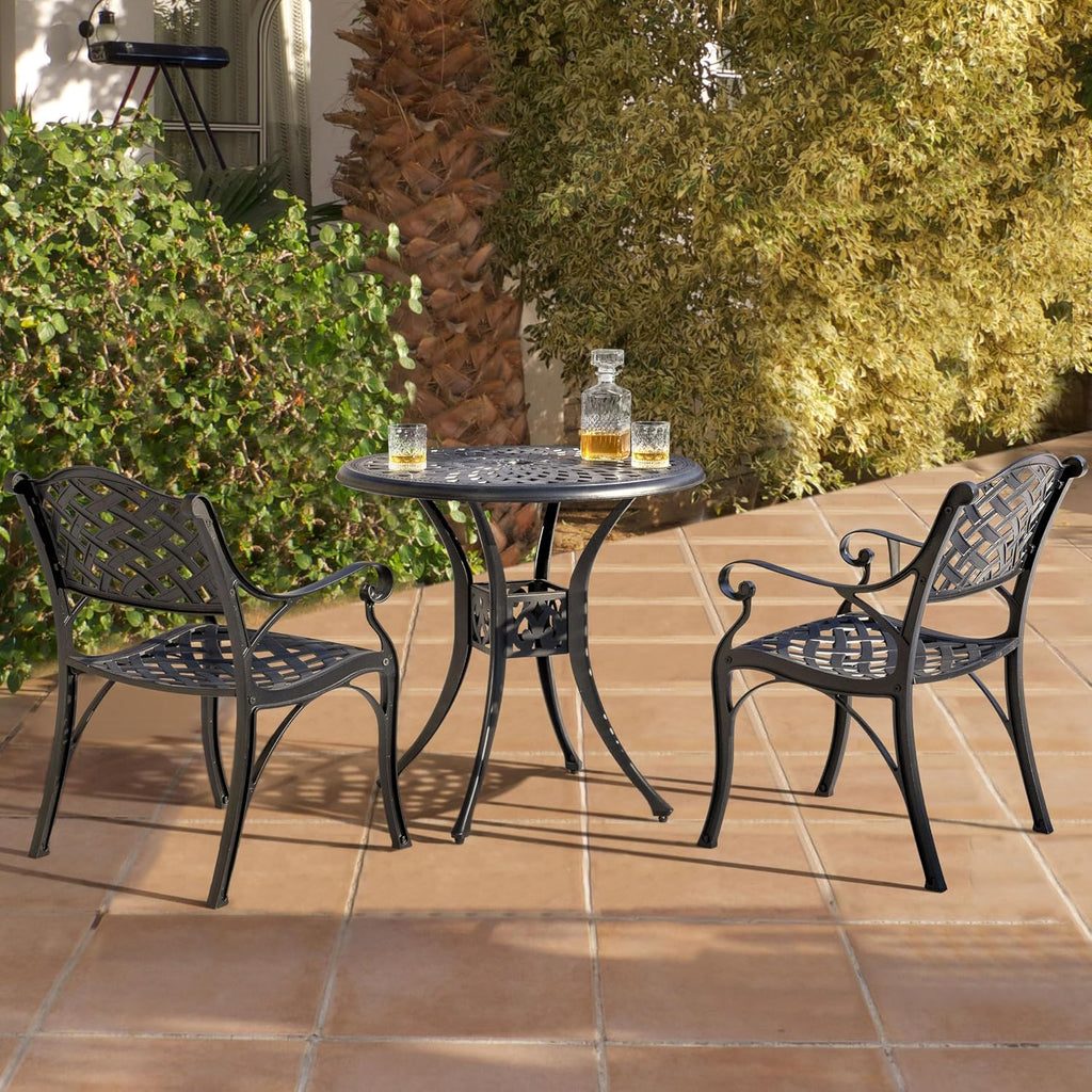 NUU GARDEN 3 Piece Outdoor Cast Aluminum Bistro Table Set Rustproof Table and Chairs with Umbrella Hole for Backyard, Balcony, Front Porch, Black