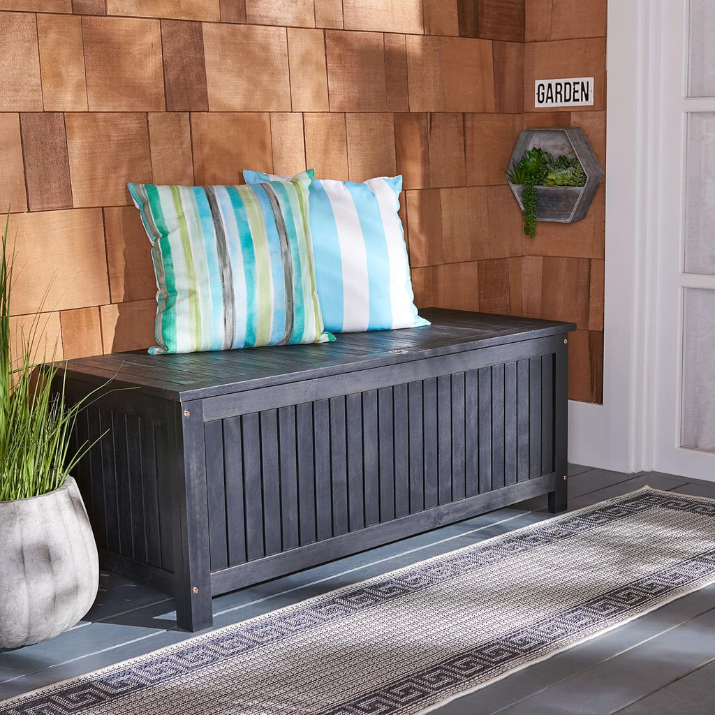 SAFAVIEH Outdoor - Abri Cushion Storage Box - Black Solid Wood - Coastal Resort Storage Bench Design - Ideal for Patio, Deck, Porch, Backyard, 18'W x 47'D x 19'H (PAT7037D)