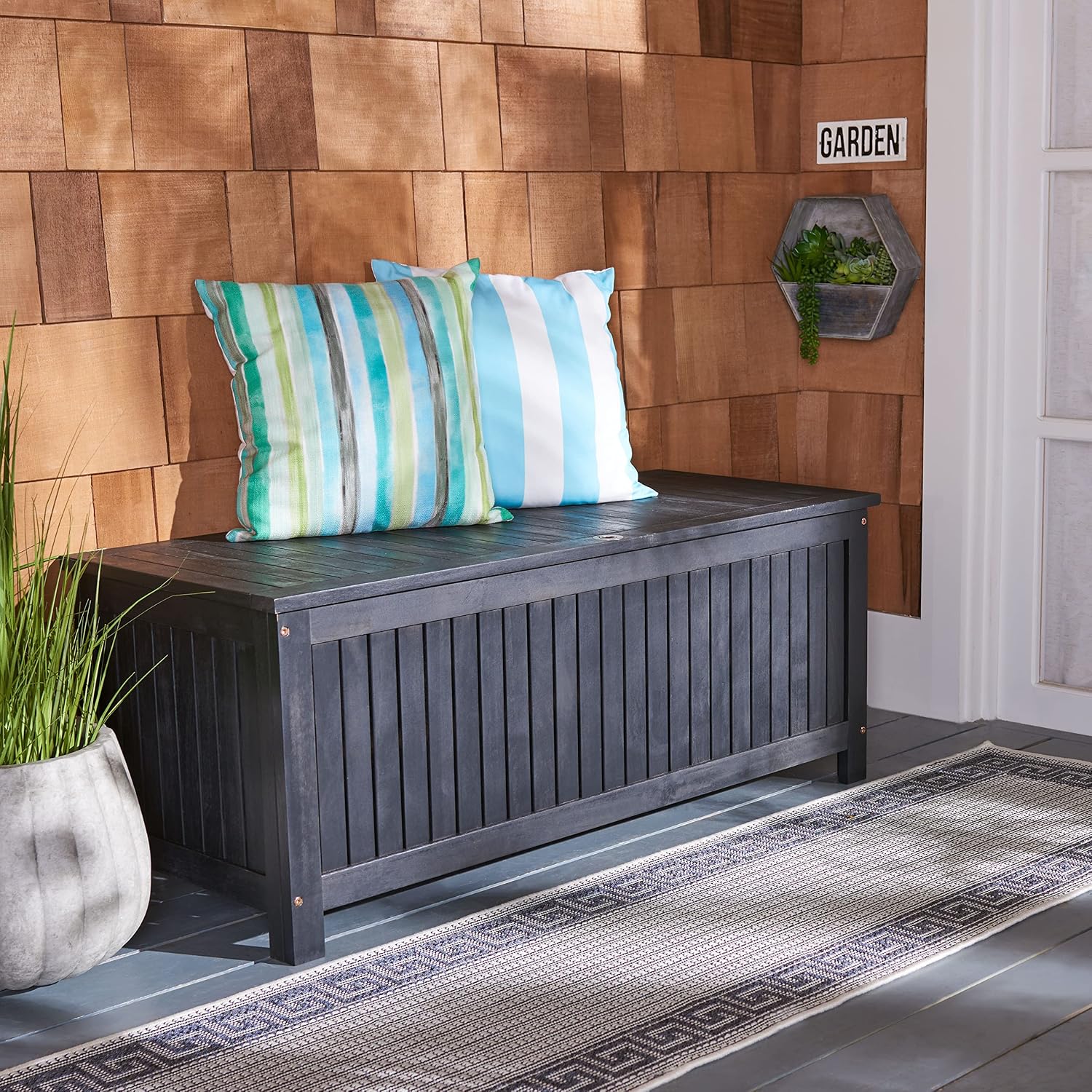 SAFAVIEH Outdoor - Abri Cushion Storage Box - Black Solid Wood - Coastal Resort Storage Bench Design - Ideal for Patio, Deck, Porch, Backyard, 18'W x 47'D x 19'H (PAT7037D)