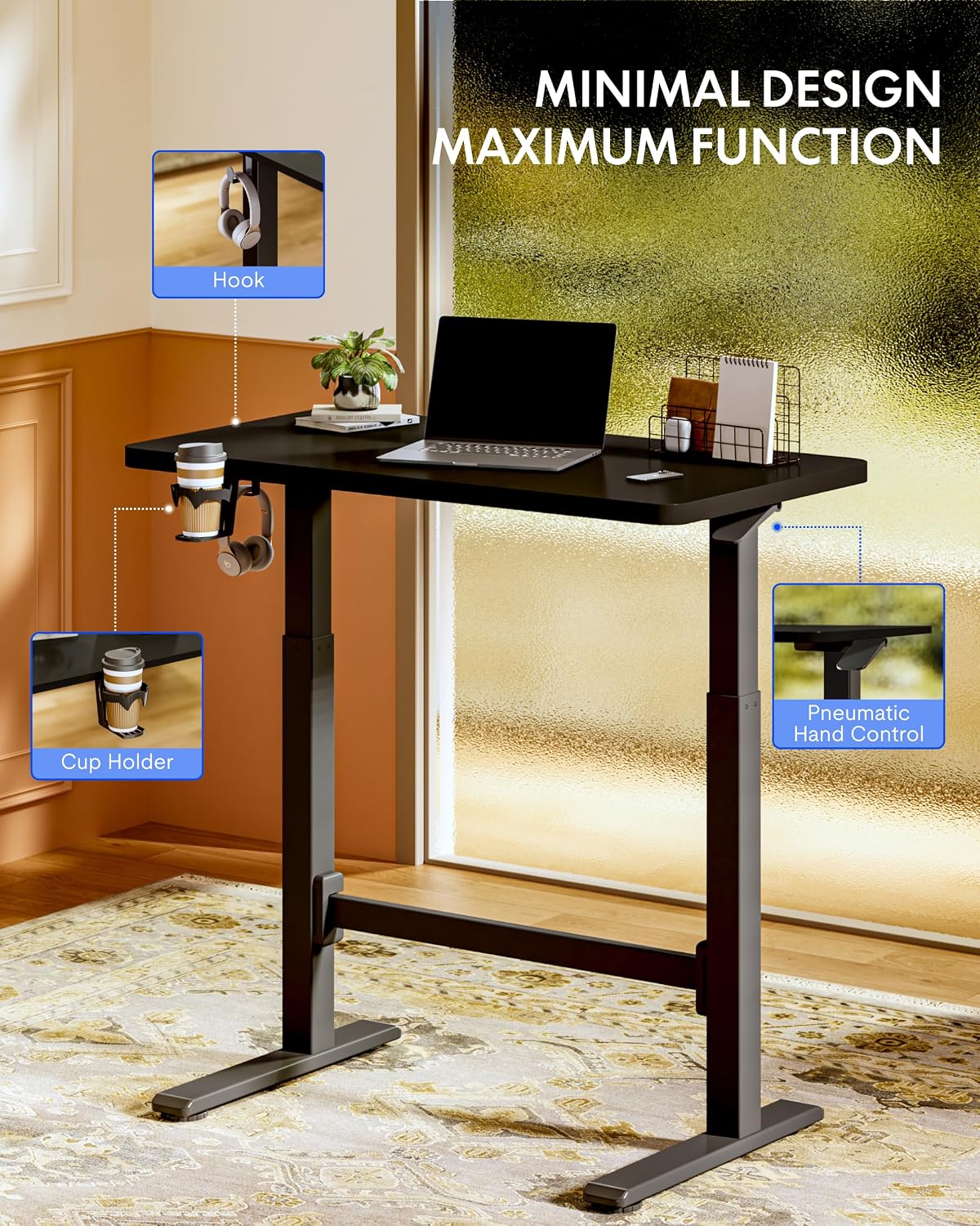 FLEXISPOT H7 Plus Gas Spring Adjustable Standing Desk, Mobile Rolling Sit-Stand Table with Wheels, Cordless Stand Up Desk for Small Spaces & Home Office, 48' One-Piece Desktop Black,Height 27.6'–45'