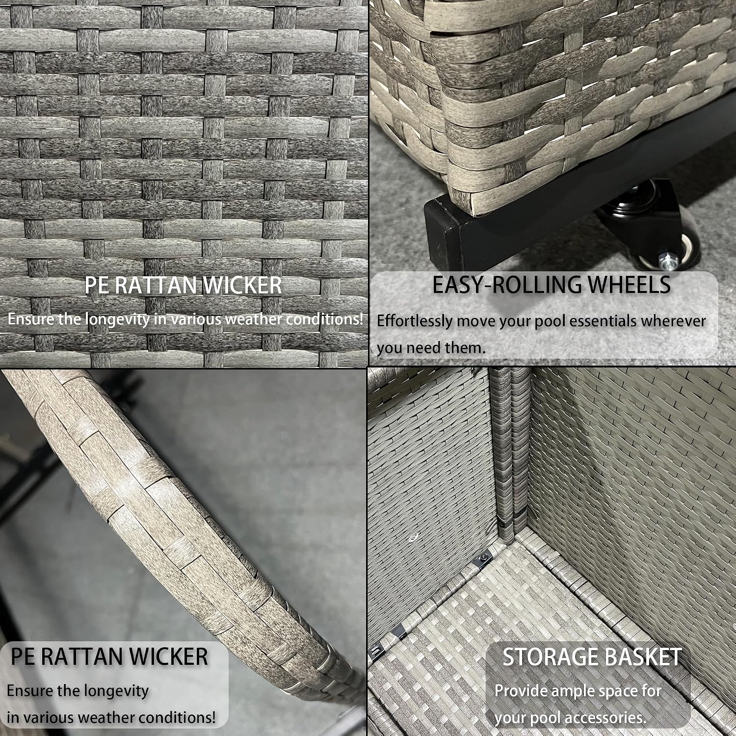 Rolling Poolside Float Storage, Pool Storage Bin, Outdoor Storage Organizer PE Rattan Pool Towel Rack for Floaties, Pool Accessories and Patio furniture Grey